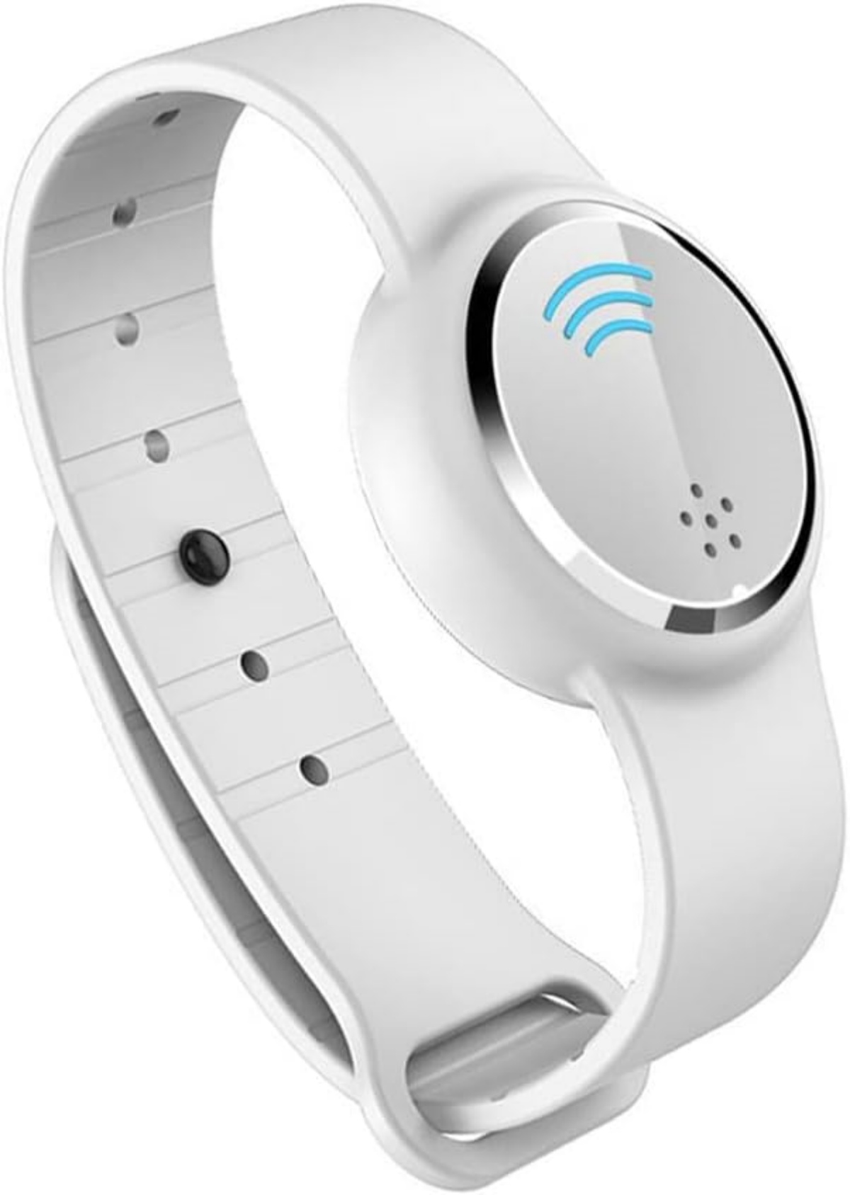 Ein weißes Armband mit einem runden, silbernen Display mit blauen Wellen und Punkten.