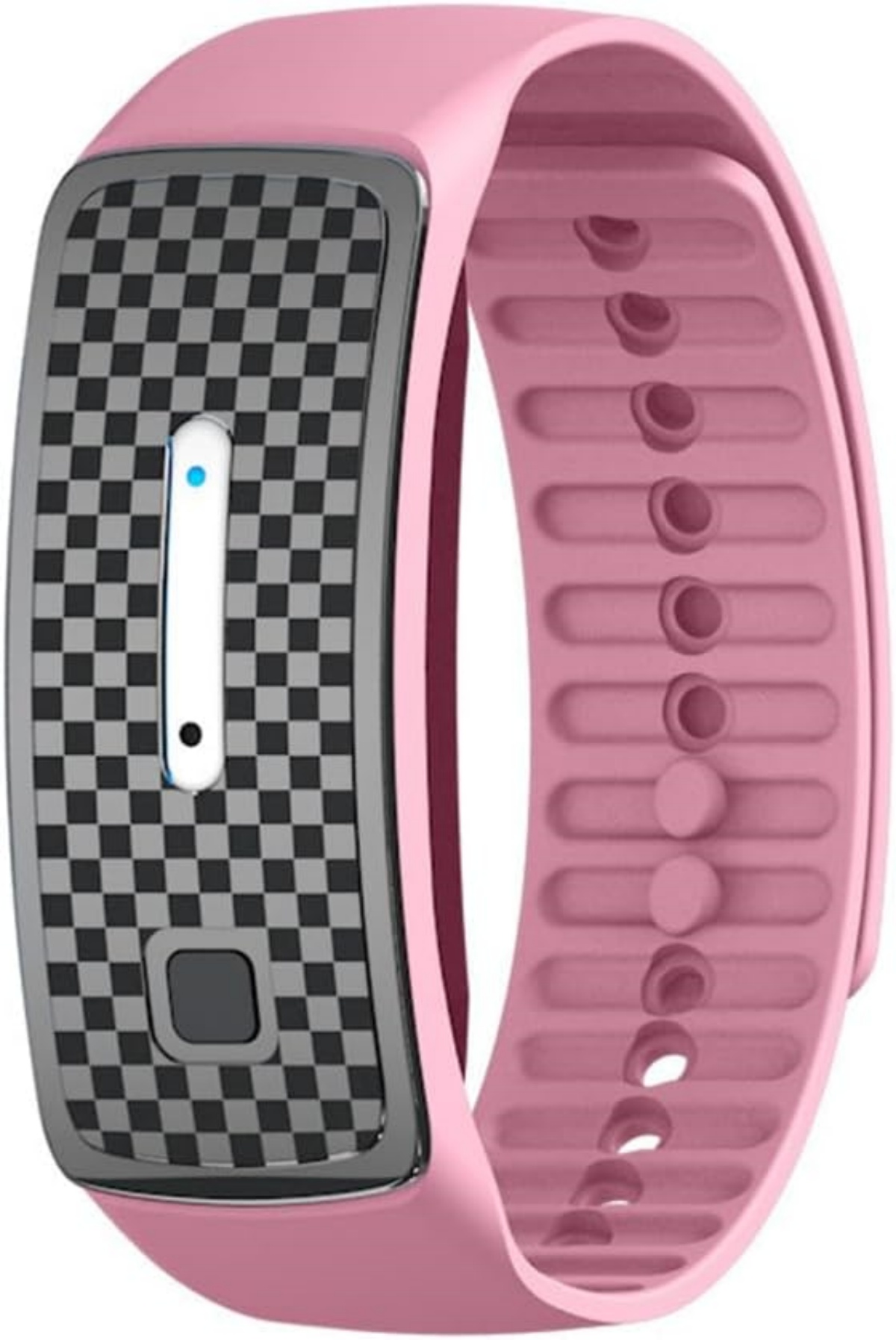 Eine rosafarbene Smartwatch mit kariertem Display und weißem Streifen.