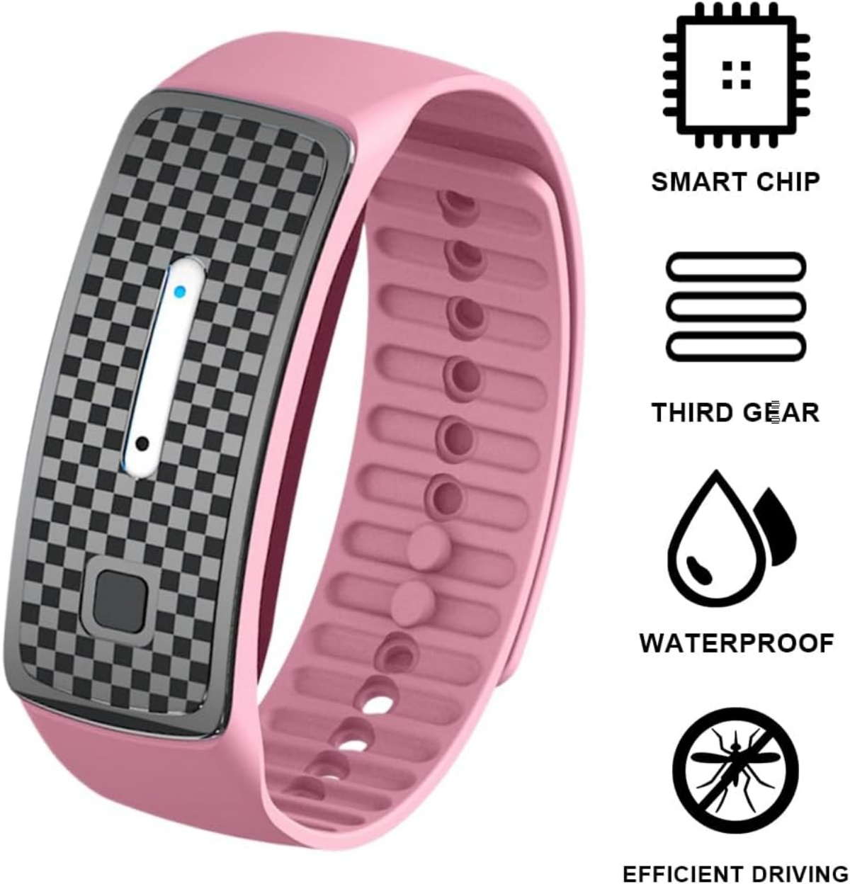 Ein rosafarbener Smartwatch-Armband mit kariertem Display und Symbolen.