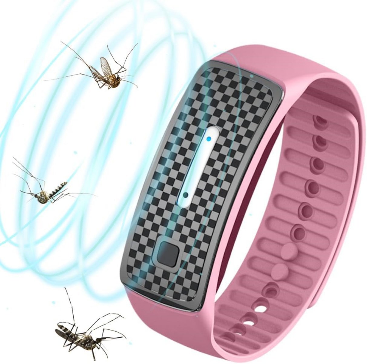 Pinkes Mückenschutz-Armband mit drei Mücken, die von blauen Wellen abgewehrt werden.