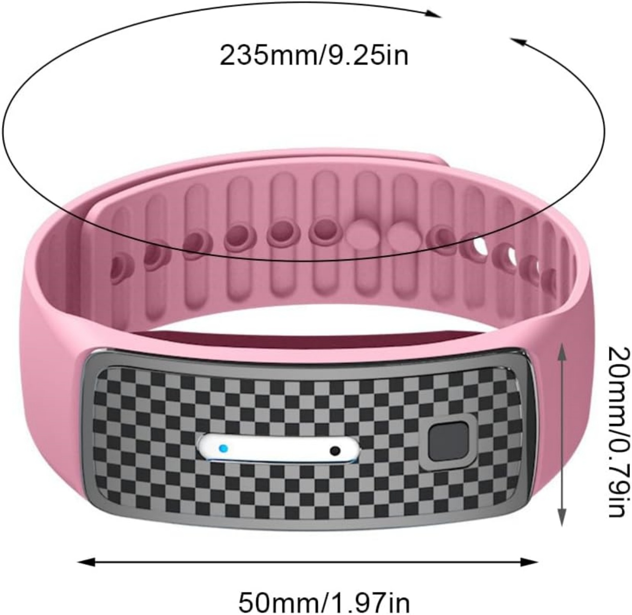Rosa Fitness-Tracker mit kariertem Display, 235mm Umfang, 50mm Breite, 20mm Höhe.