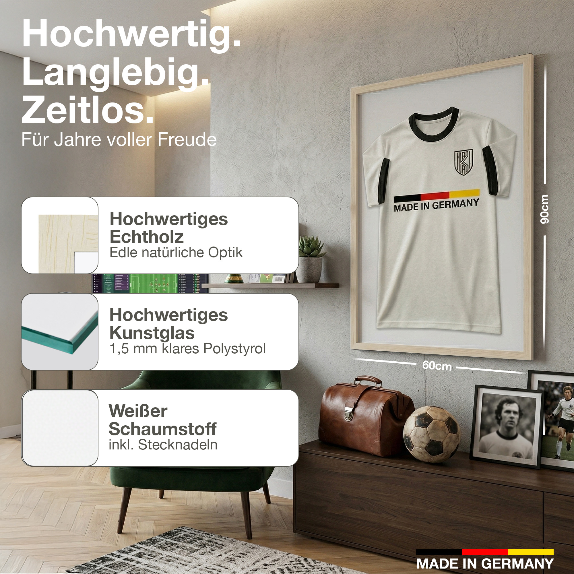 Gerahmtes Deutschland Fußballtrikot (90x60cm) mit Vintage-Artikeln: Ledertasche, Ball, Fotos.