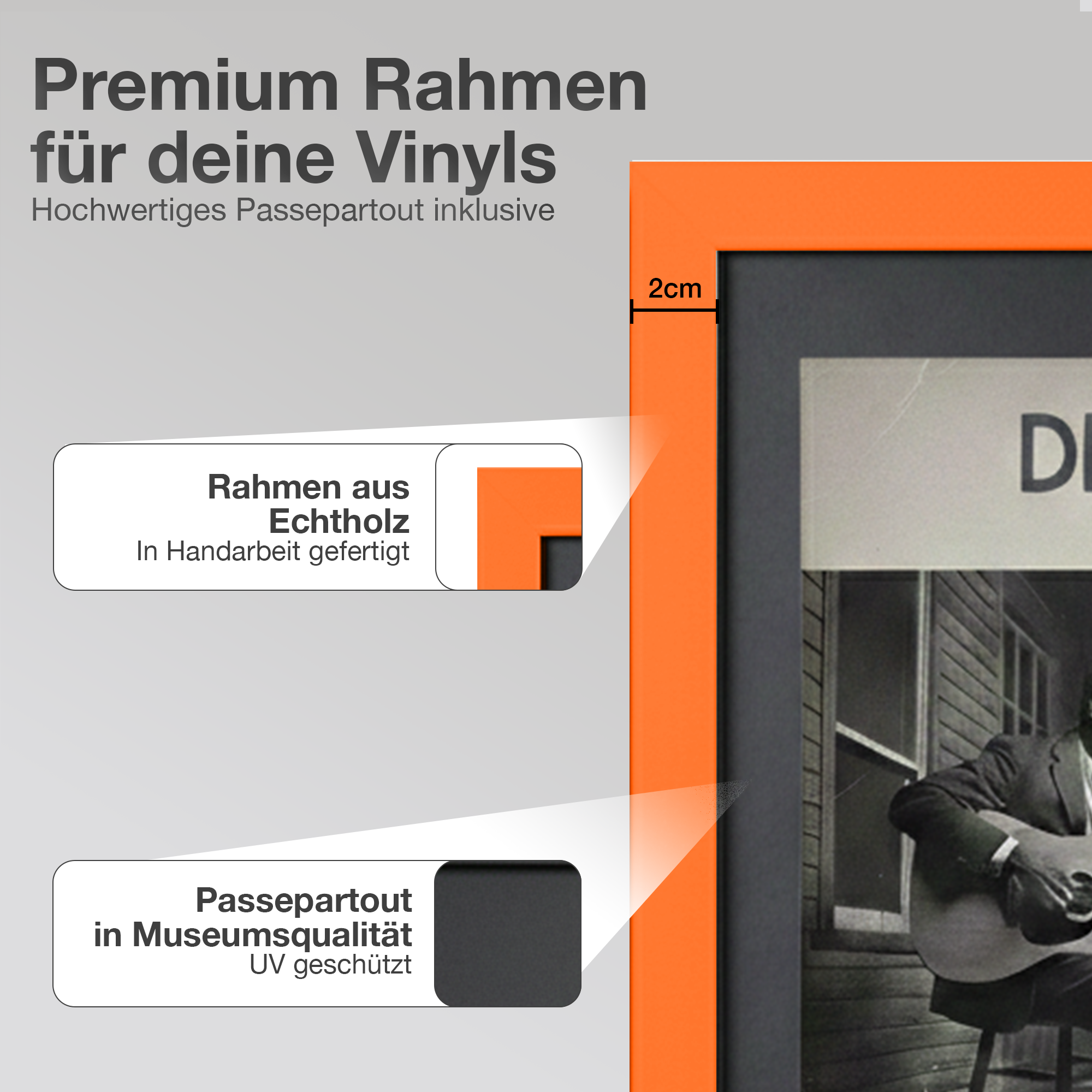 Orange Rahmen mit Text 'Premium Rahmen für Vinyls'. Nahaufnahme zeigt 2cm.