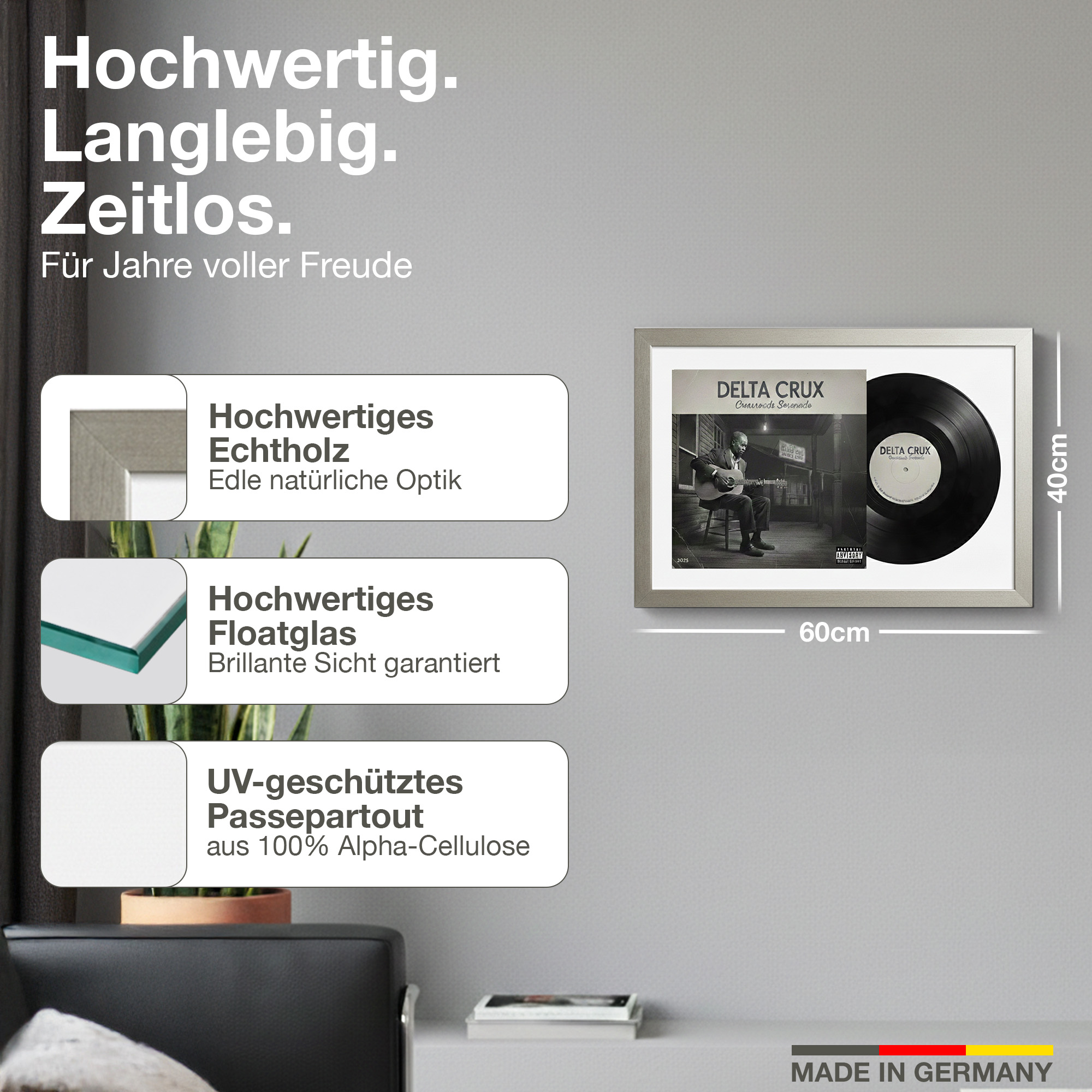 Gerahmtes Schallplatten-Cover mit Vinyl, 60x40cm, Made in Germany.