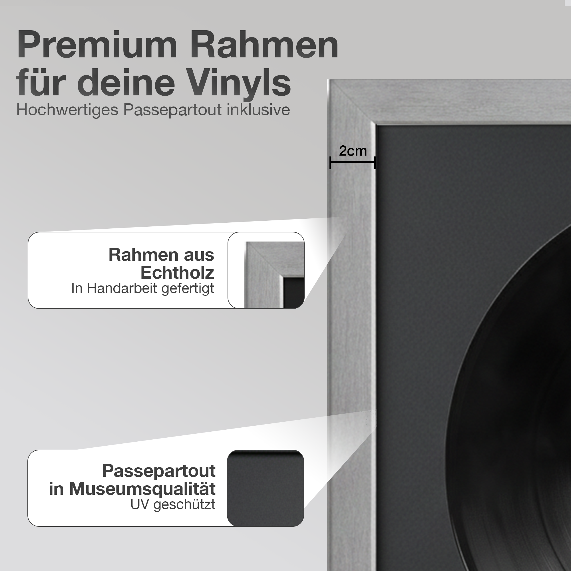Grauer Rahmen mit Passepartout für Vinyls. Details zu Holzrahmen und Museumspassepartout.
