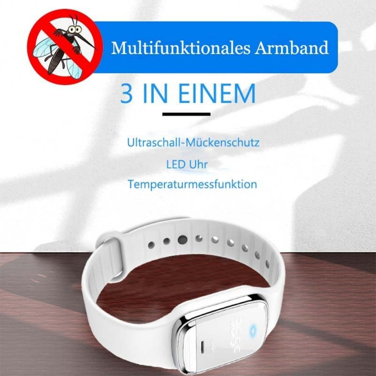 Ein weißes Multifunktionsarmband mit Ultraschall-Mückenschutz, LED-Uhr und Temperaturmesser.