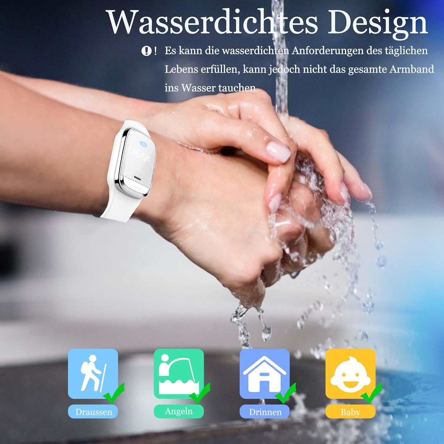 Weiße Smartwatch am Handgelenk unter fließendem Wasser. Symbole unten.