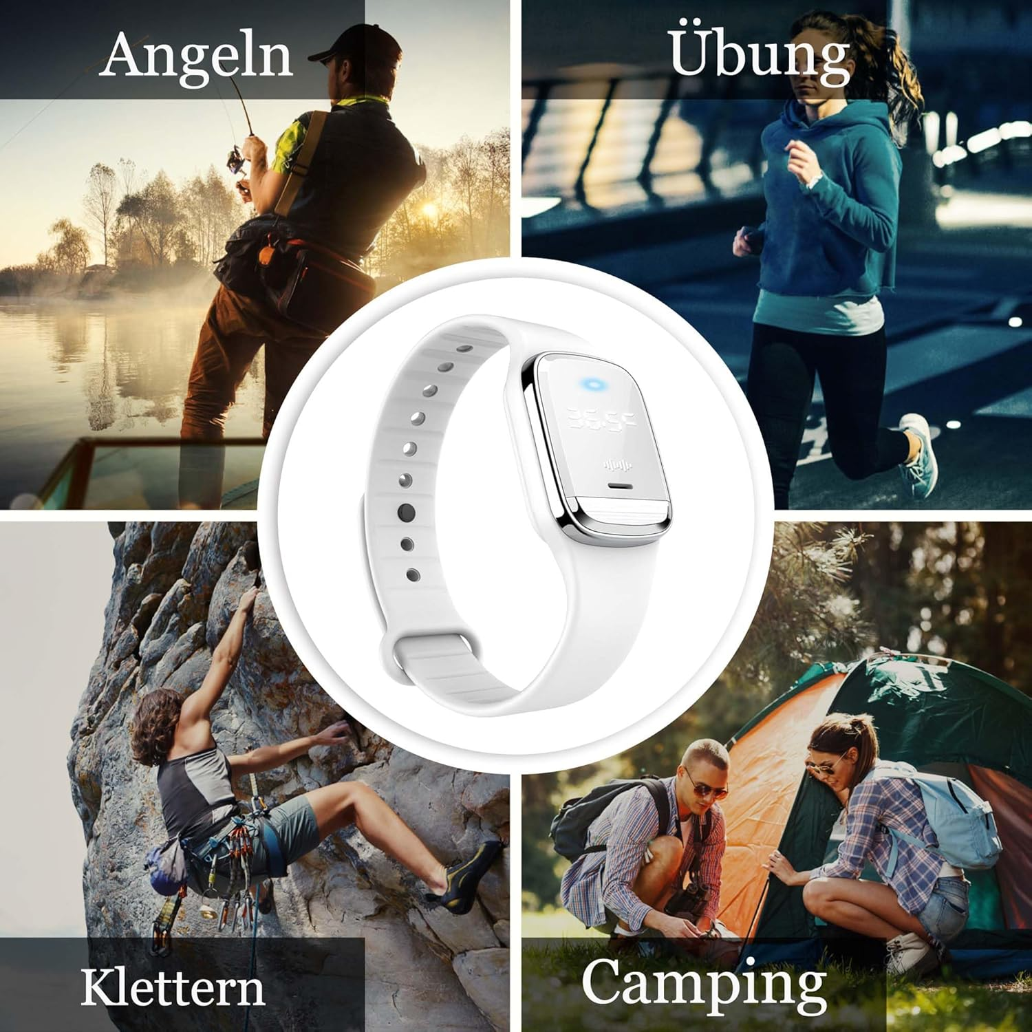 Mann angelt, Frau läuft, Kletterer, Camper, Smartwatch.