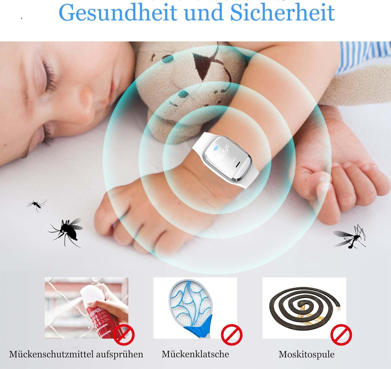 Ein Baby schläft, während ein Mückenschutzarmband getragen wird. Unten: Spray, Schläger und Spule.