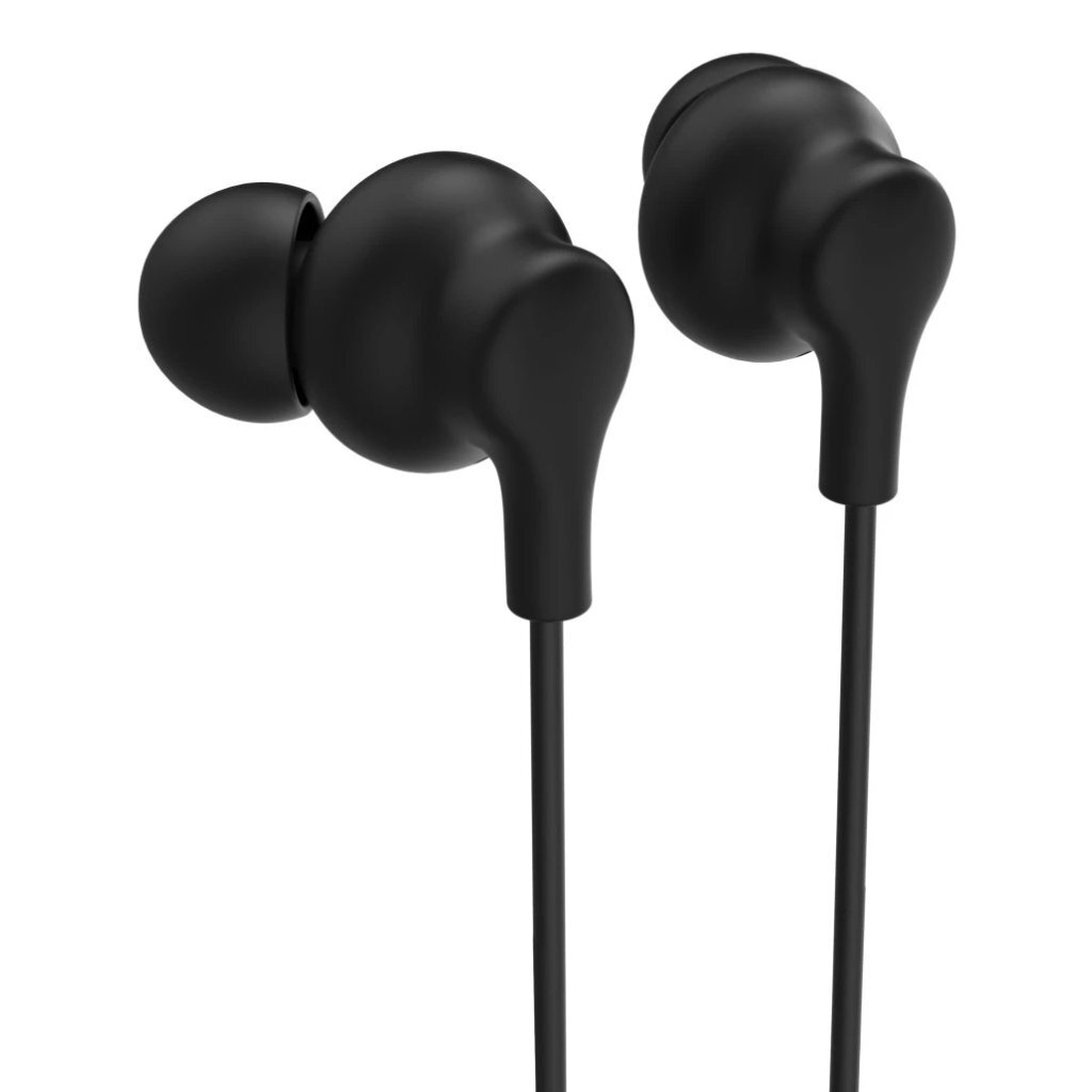 Schwarze In-Ear-Kopfhörer mit Kabeln auf weißem Hintergrund.
