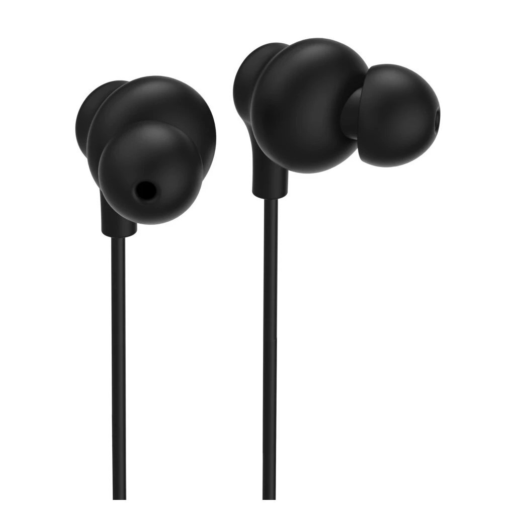Zwei schwarze In-Ear-Kopfhörer mit Kabel auf weißem Hintergrund.