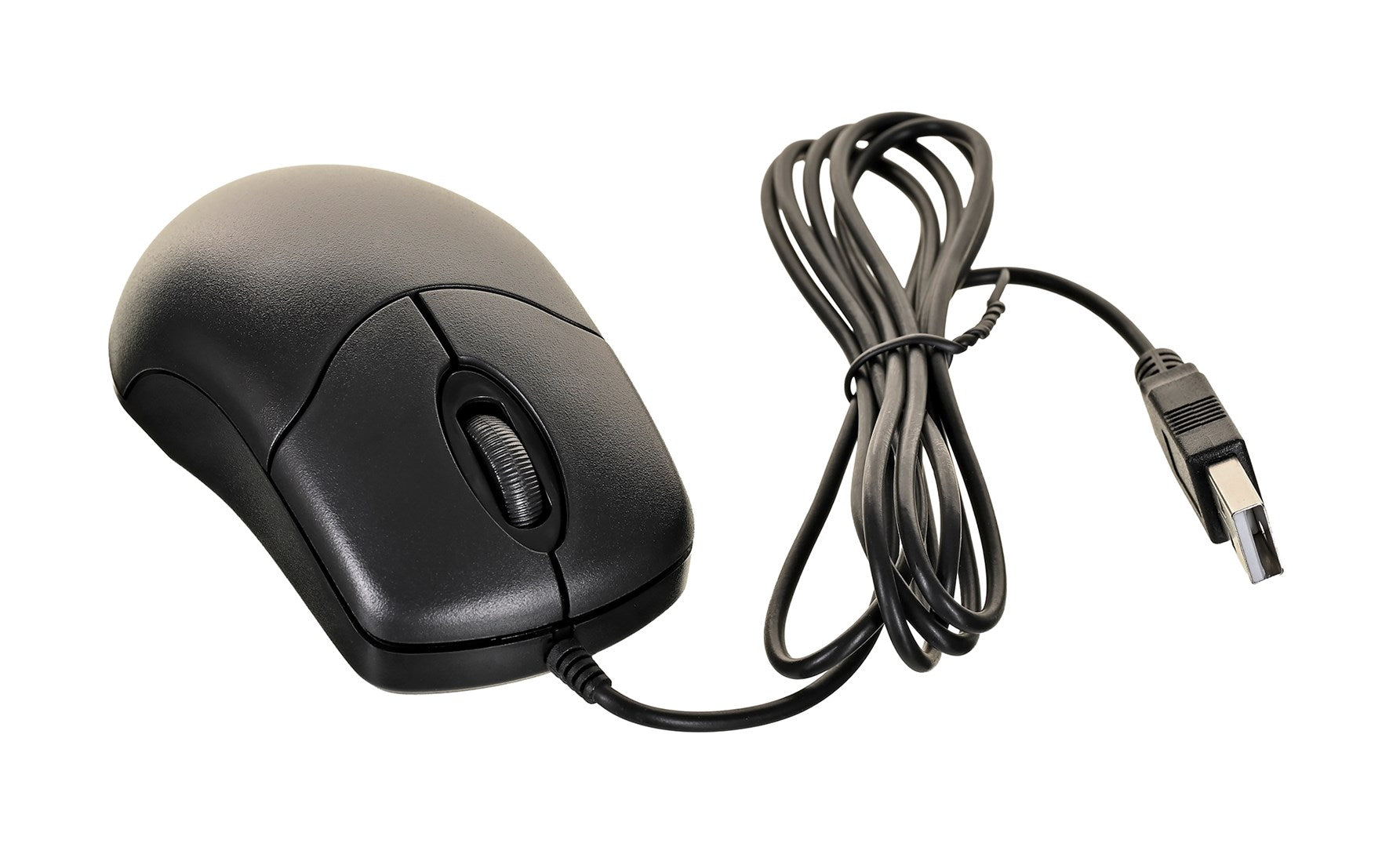 Mouse USB nero per computer con rotellina e cavo su sfondo bianco.