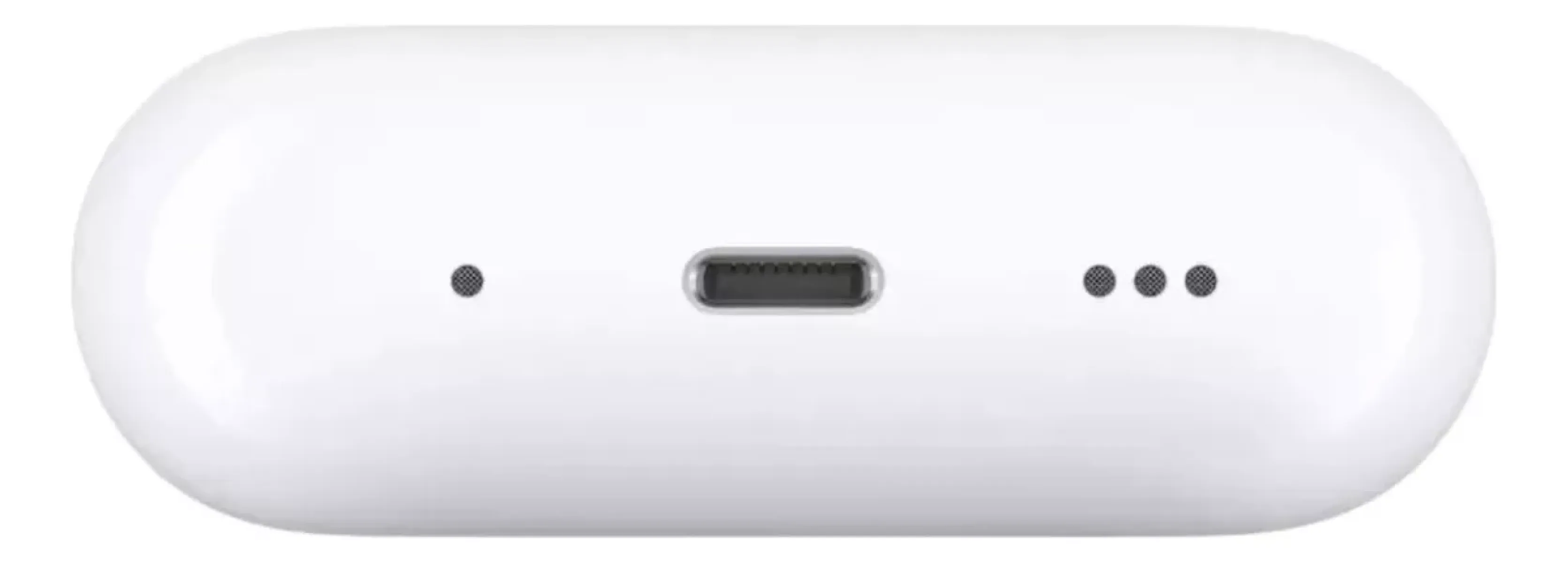 Ein weißes Ladeetui mit USB-C-Anschluss und drei kleinen Lautsprecheröffnungen.