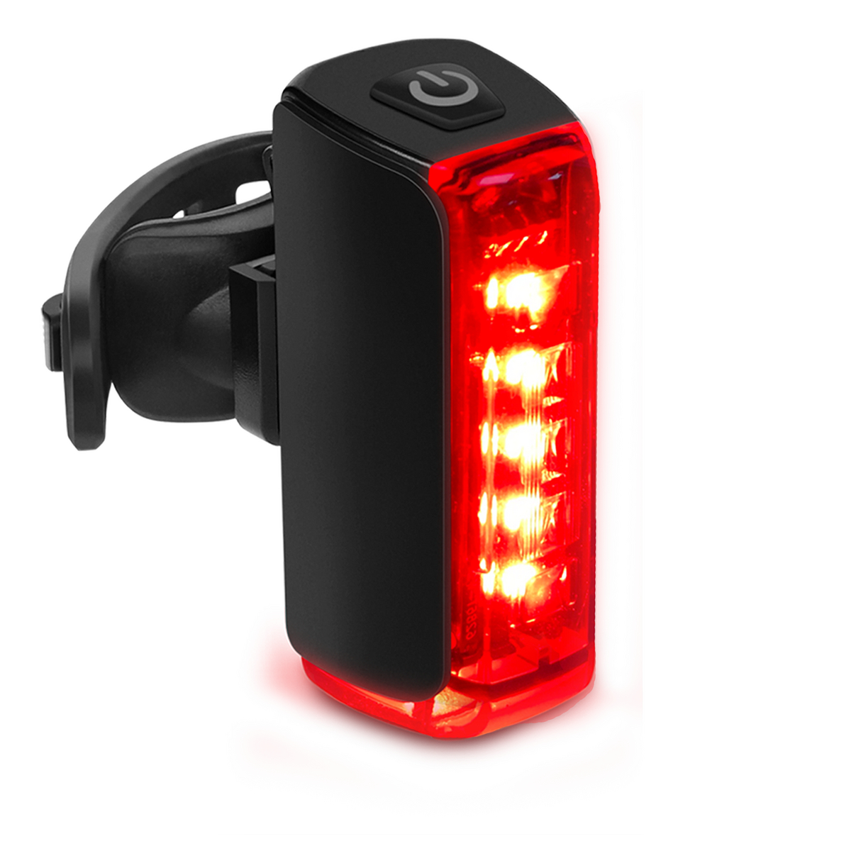 Schwarzes Fahrradrücklicht mit roten LEDs und einem Power-Button oben.