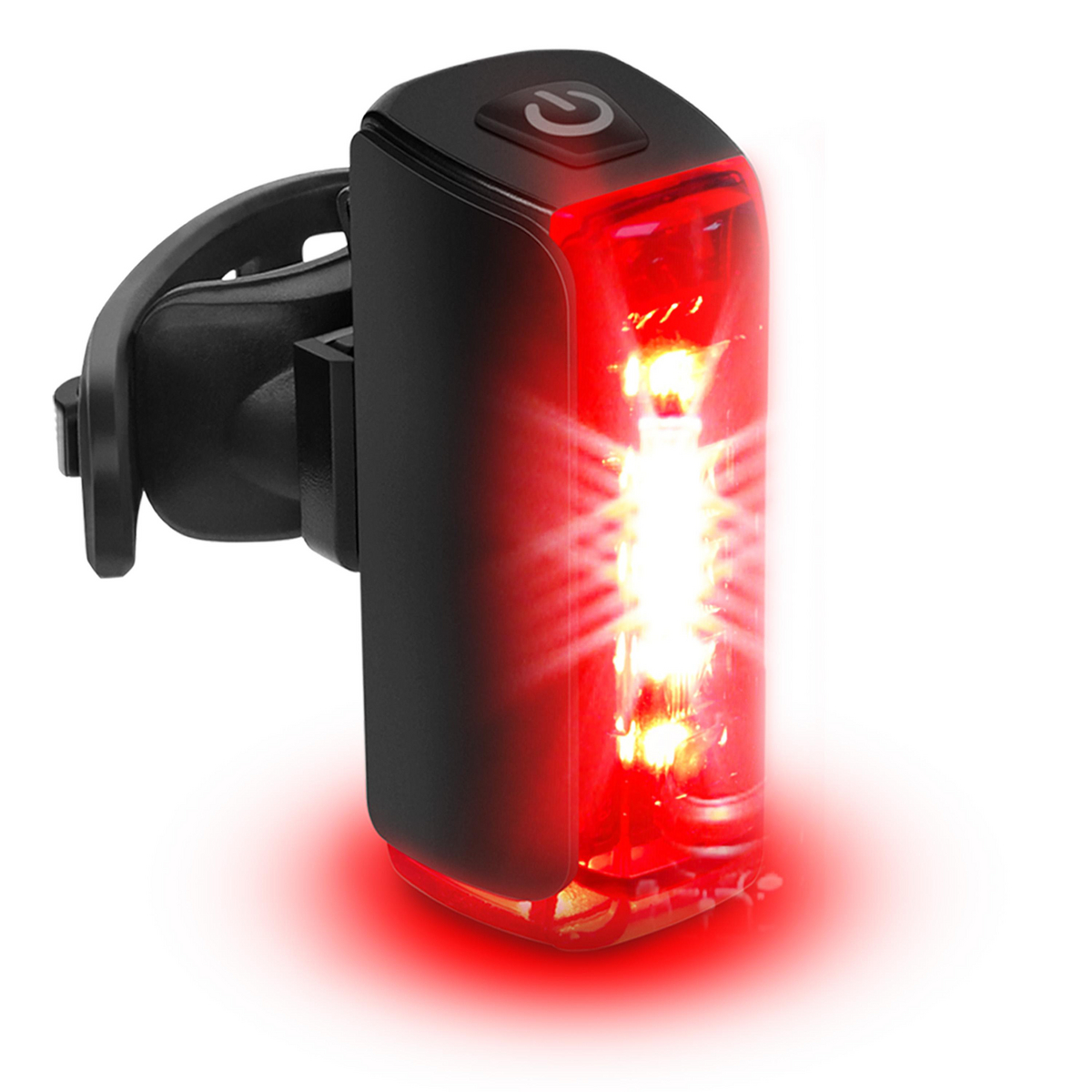 Ein schwarzes Fahrradrücklicht mit leuchtend roten LEDs und einer Halterung.
