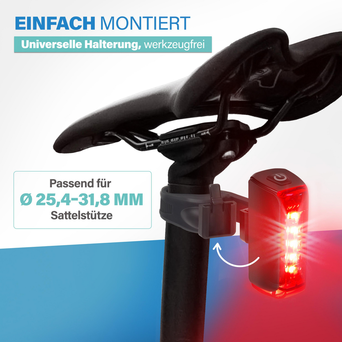 Rücklicht an Sattelstütze montiert, 25,4-31,8 mm Durchmesser.
