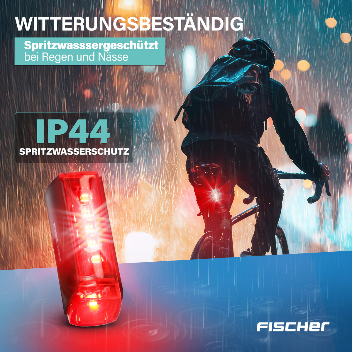 Ein Radfahrer fährt bei Regen, eine rote Rückleuchte ist sichtbar.