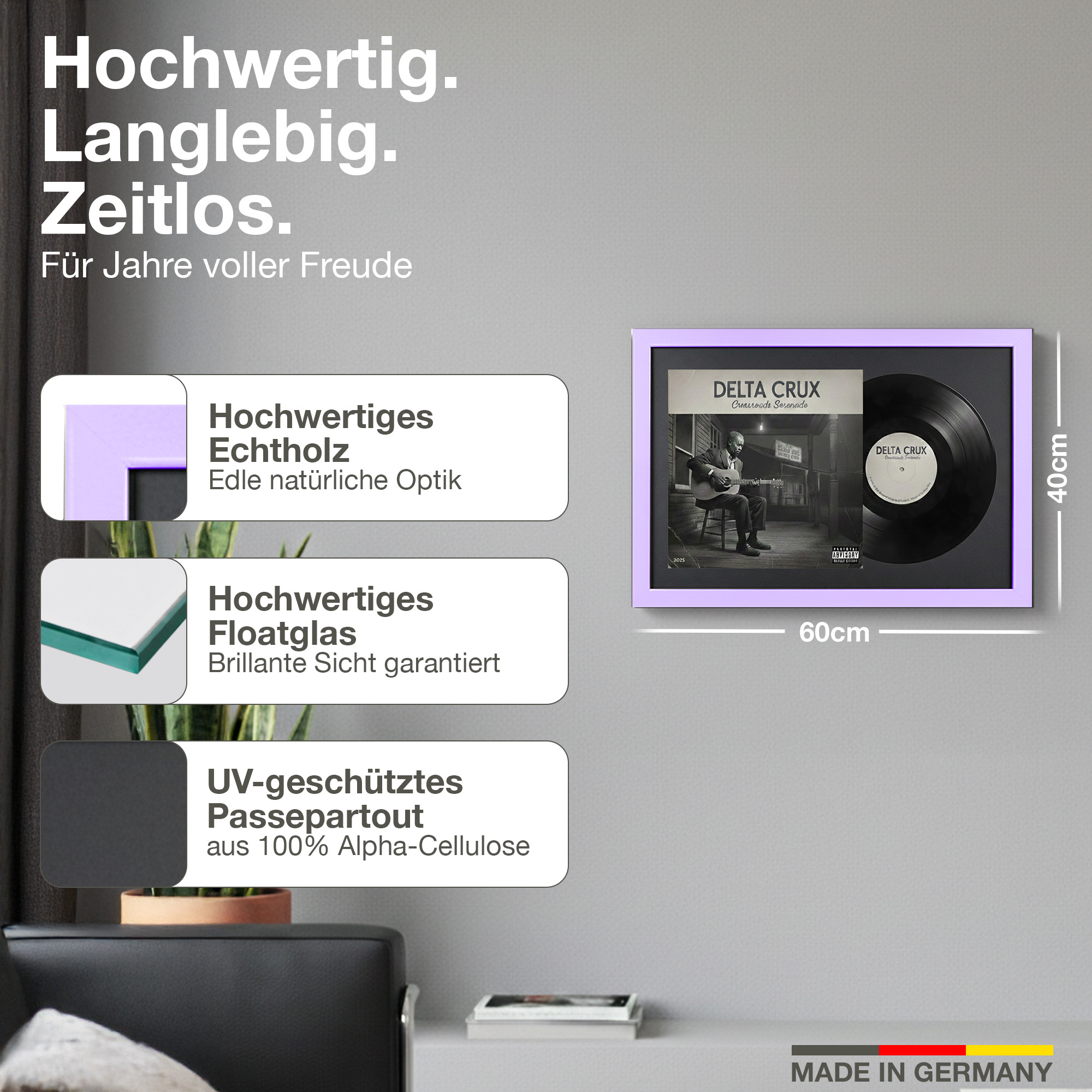 Gerahmte Schallplatte mit Cover, 60x40cm. Hochwertiges Echtholz und Floatglas.