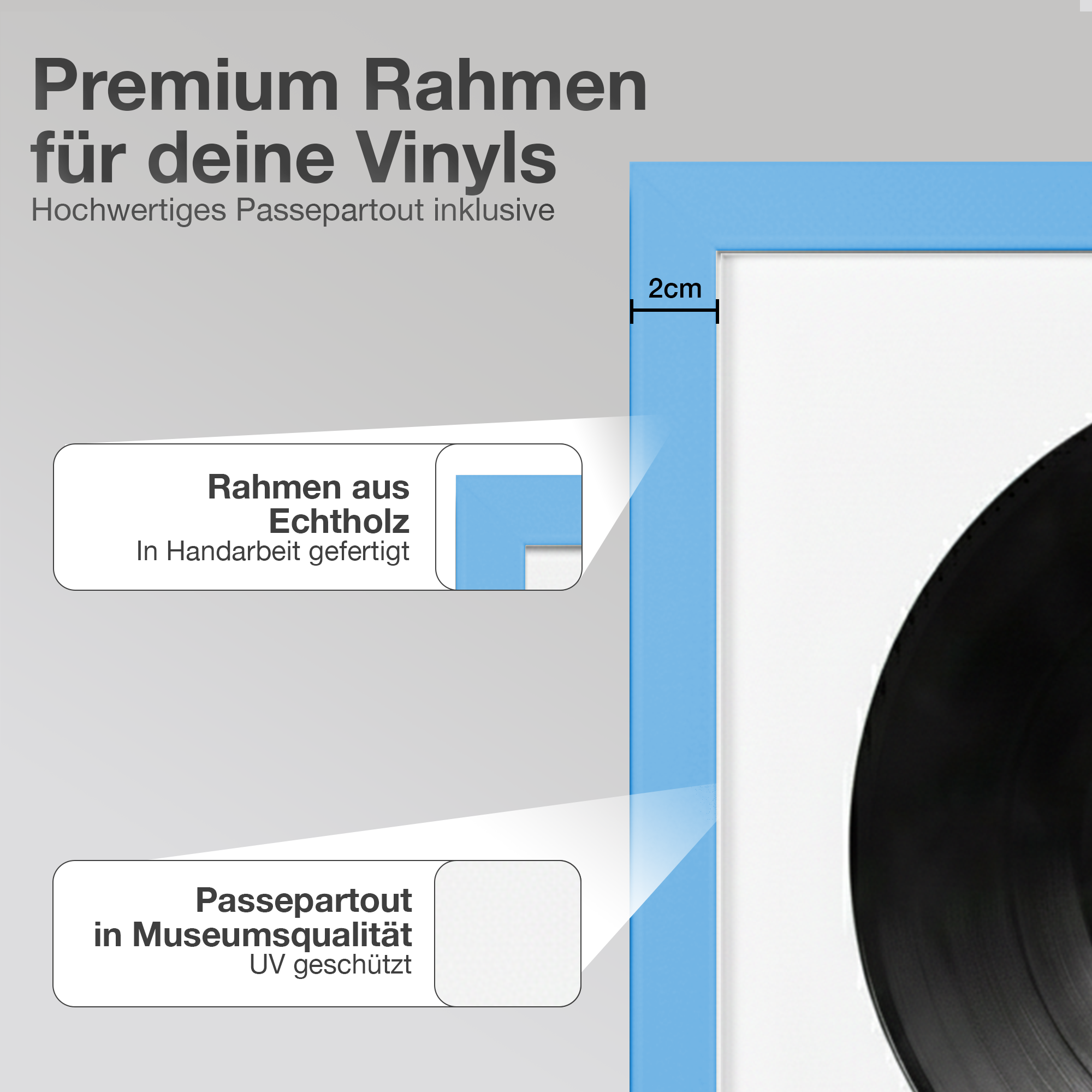 Blauer Vinyl-Rahmen mit Text: Premium Rahmen für deine Vinyls.