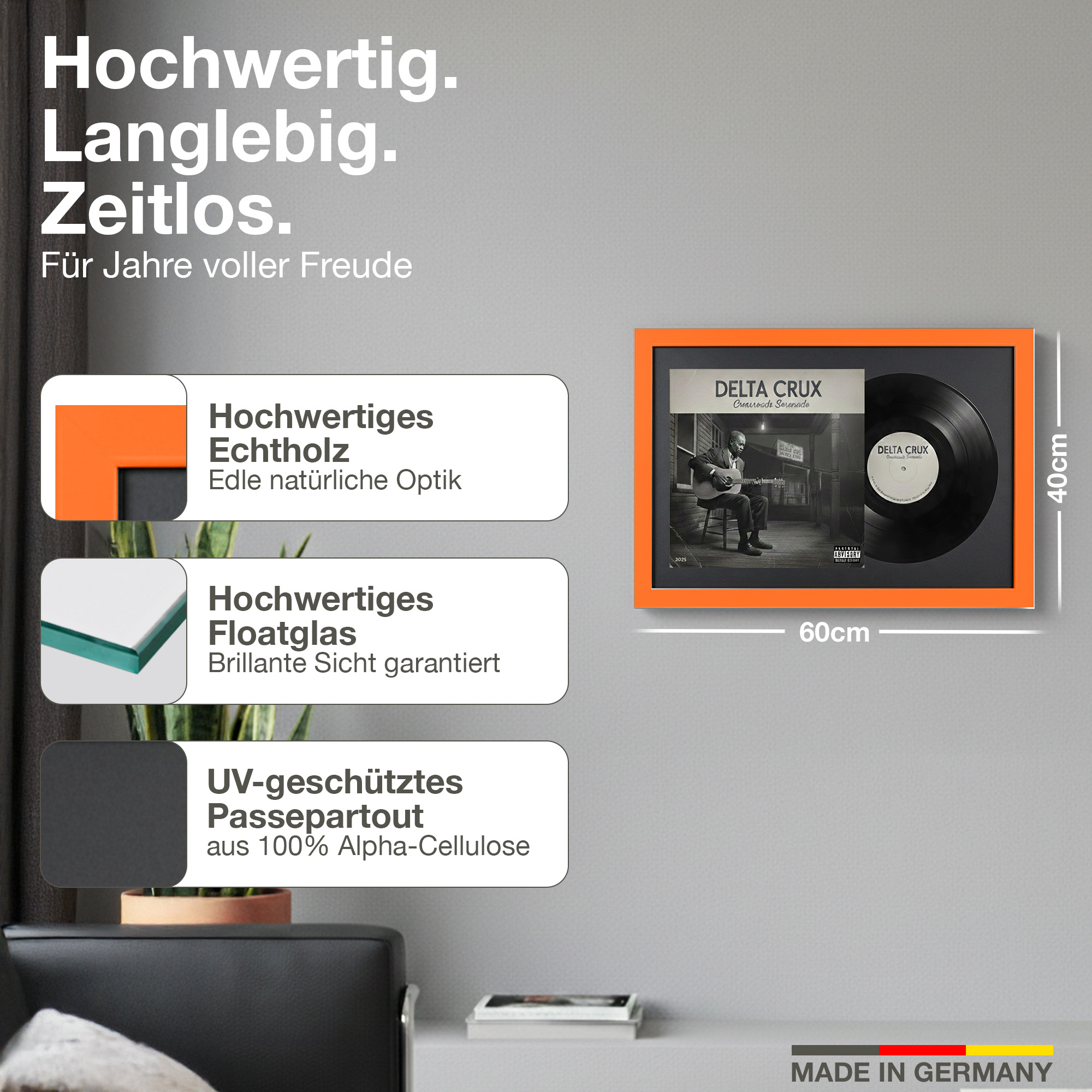 Gerahmtes Vinyl-Albumcover und Schallplatte in Orange, 60x40cm.