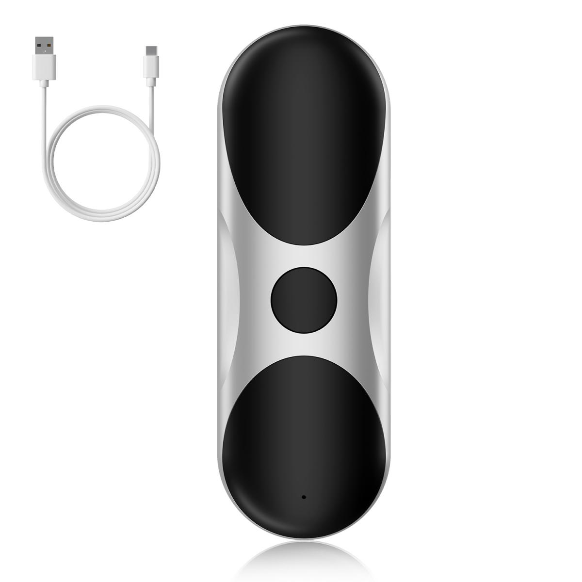 Ein weißes USB-Kabel neben einem silbernen und schwarzen Gerät.