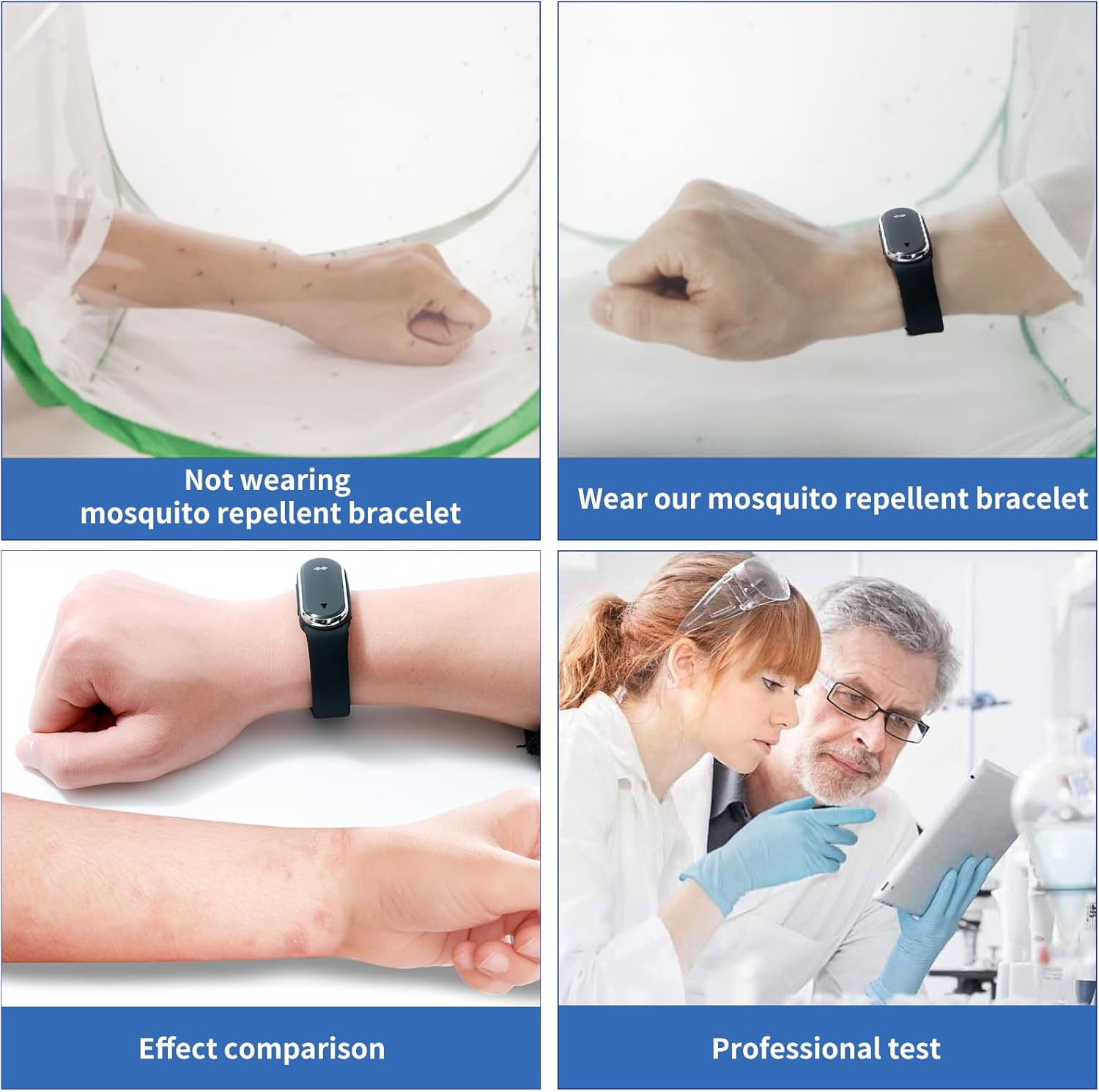 Arm mit Mückenstichen, Arm mit Armband, Vergleich und Test.