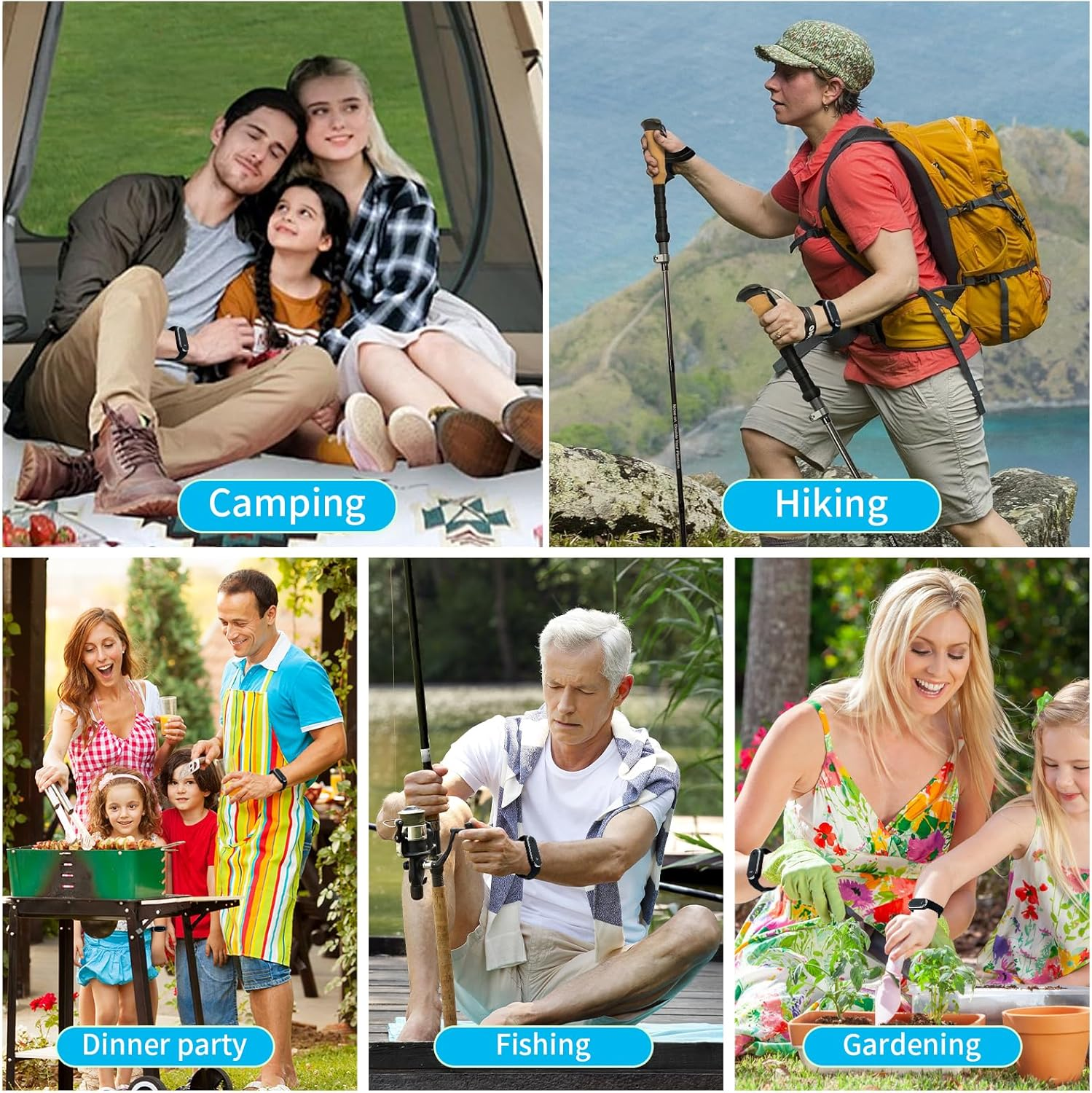 Familie beim Camping, Frau beim Wandern, Familie beim Grillen, Mann beim Angeln, Frau beim Gärtnern.