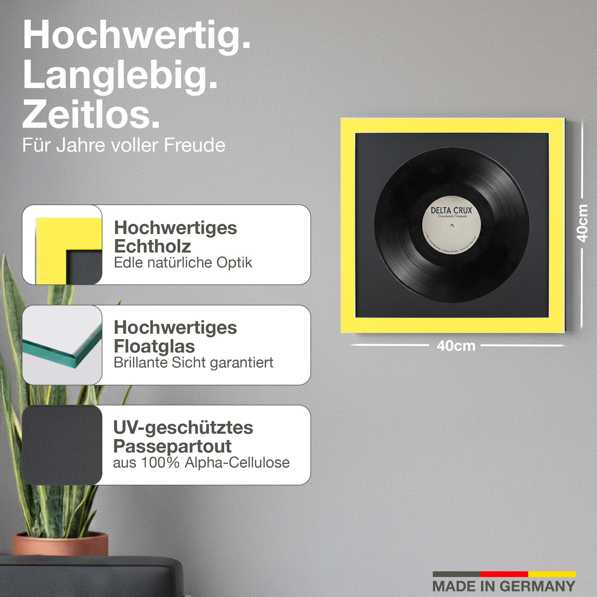 Gerahmte Schallplatte (40x40cm) aus Holz, Glas und Passepartout.