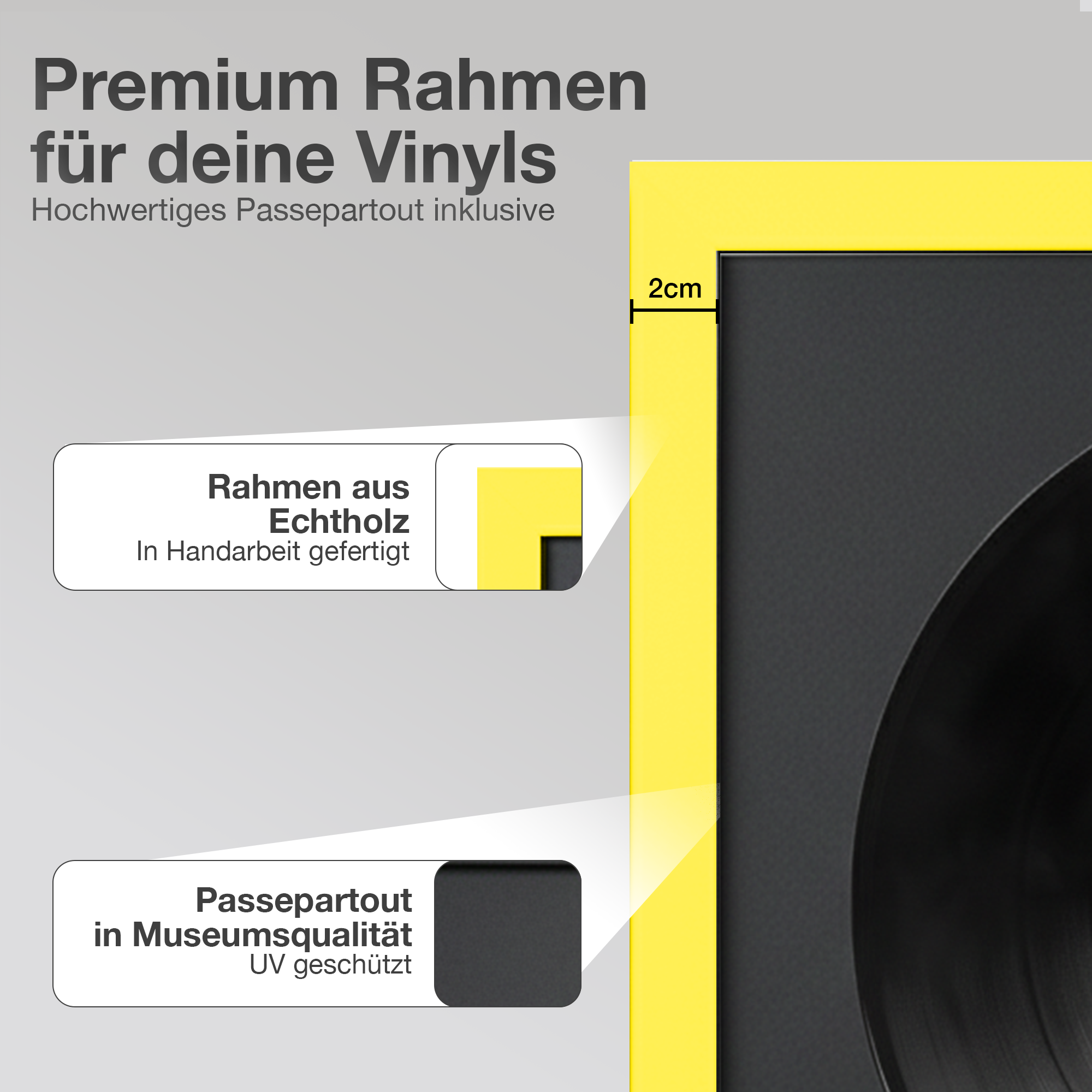 Ein gelber Rahmen mit Text über Premium-Vinyl-Rahmen und Passepartout.