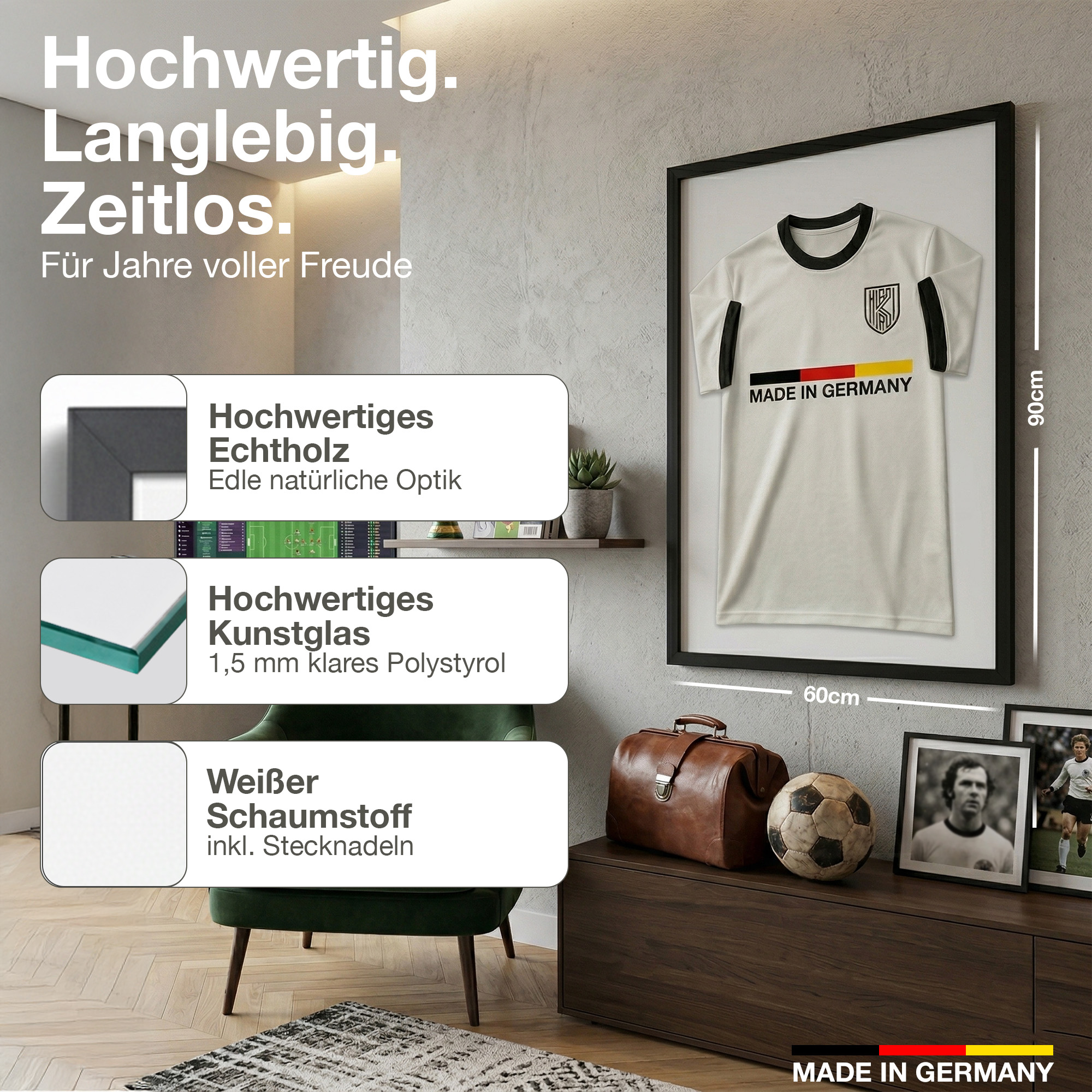 Ein weißes Trikot mit "MADE IN GERMANY" auf einem dunklen Schrank.