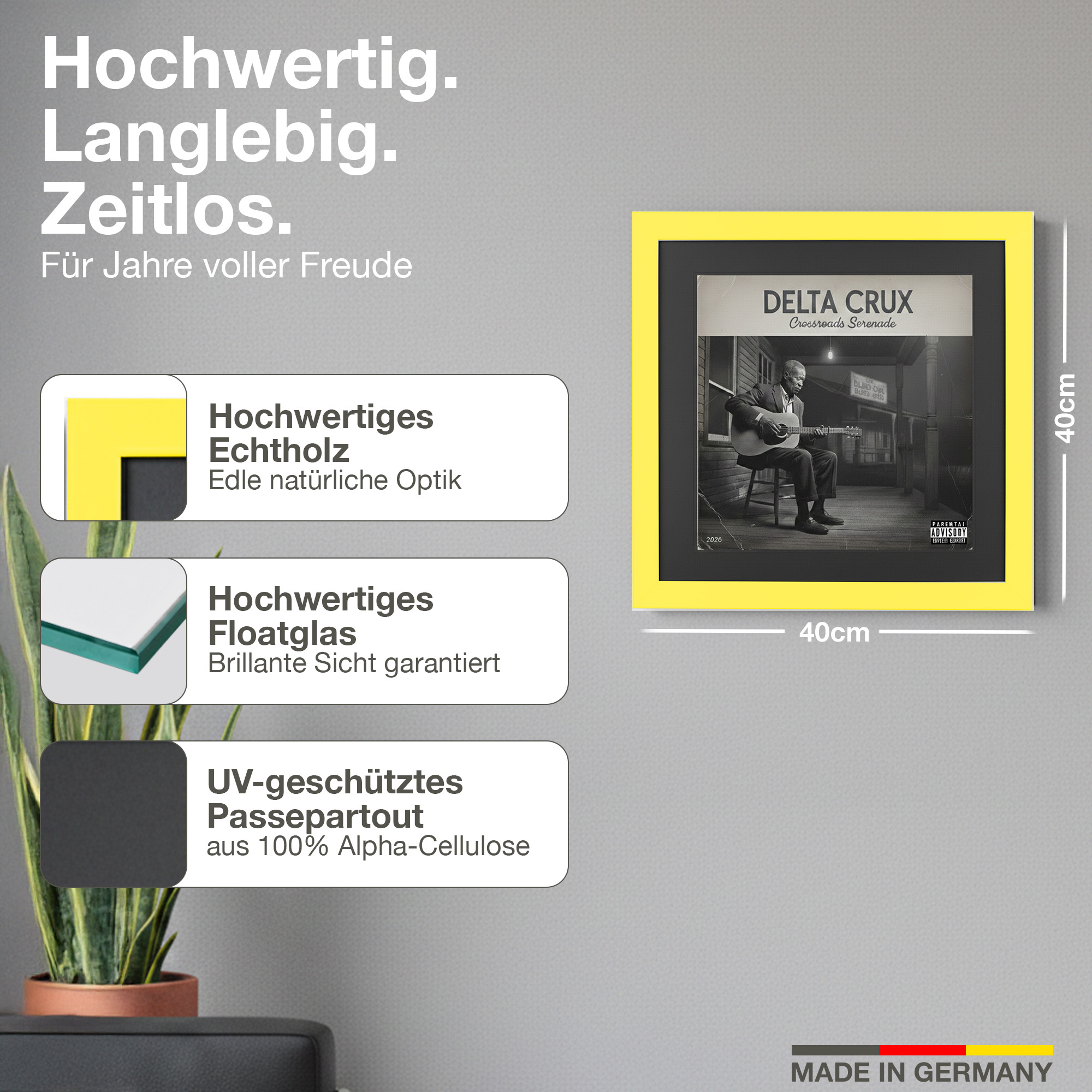 Ein gerahmtes Albumcover mit einem Mann, der Gitarre spielt. Maße: 40x40cm.