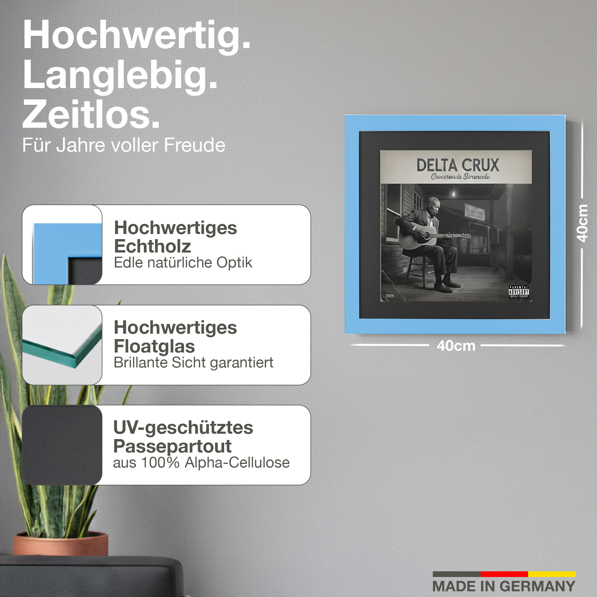 Ein blauer 40cm Rahmen zeigt ein Albumcover mit einem Mann auf einer Veranda, der Gitarre spielt.