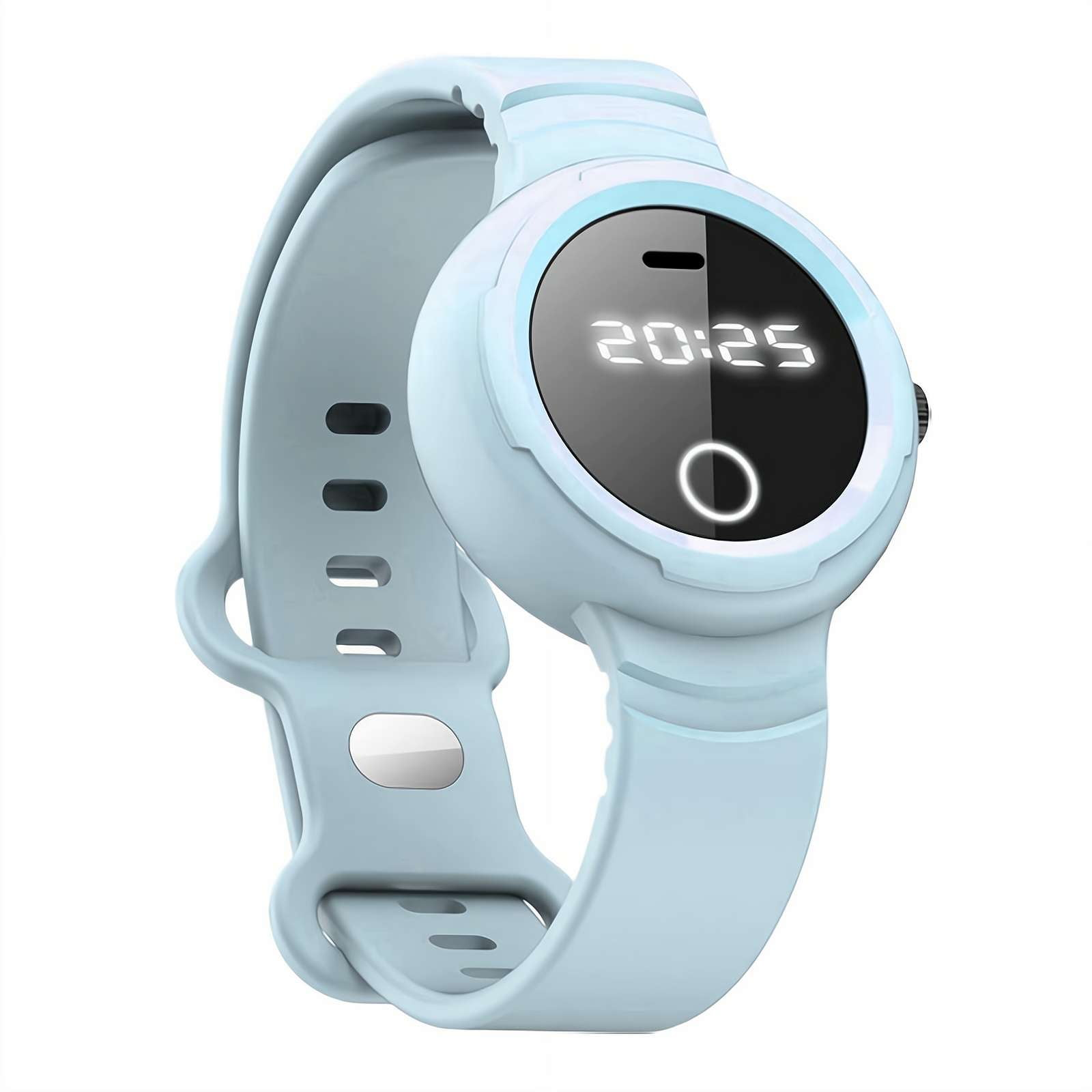Eine hellblaue Smartwatch mit digitaler Zeitanzeige 20:25.