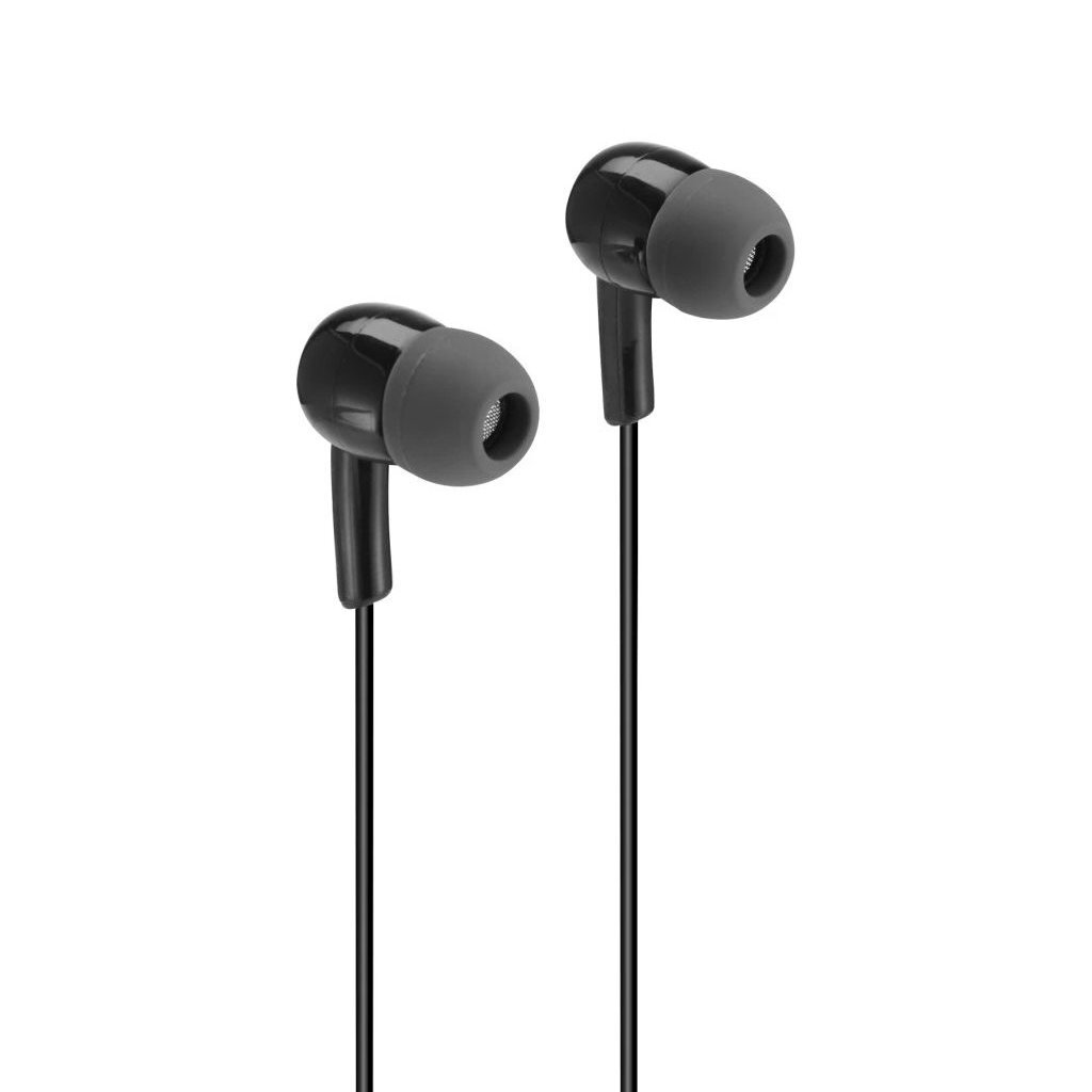 Schwarze In-Ear-Kopfhörer mit grauen Spitzen auf weißem Hintergrund.