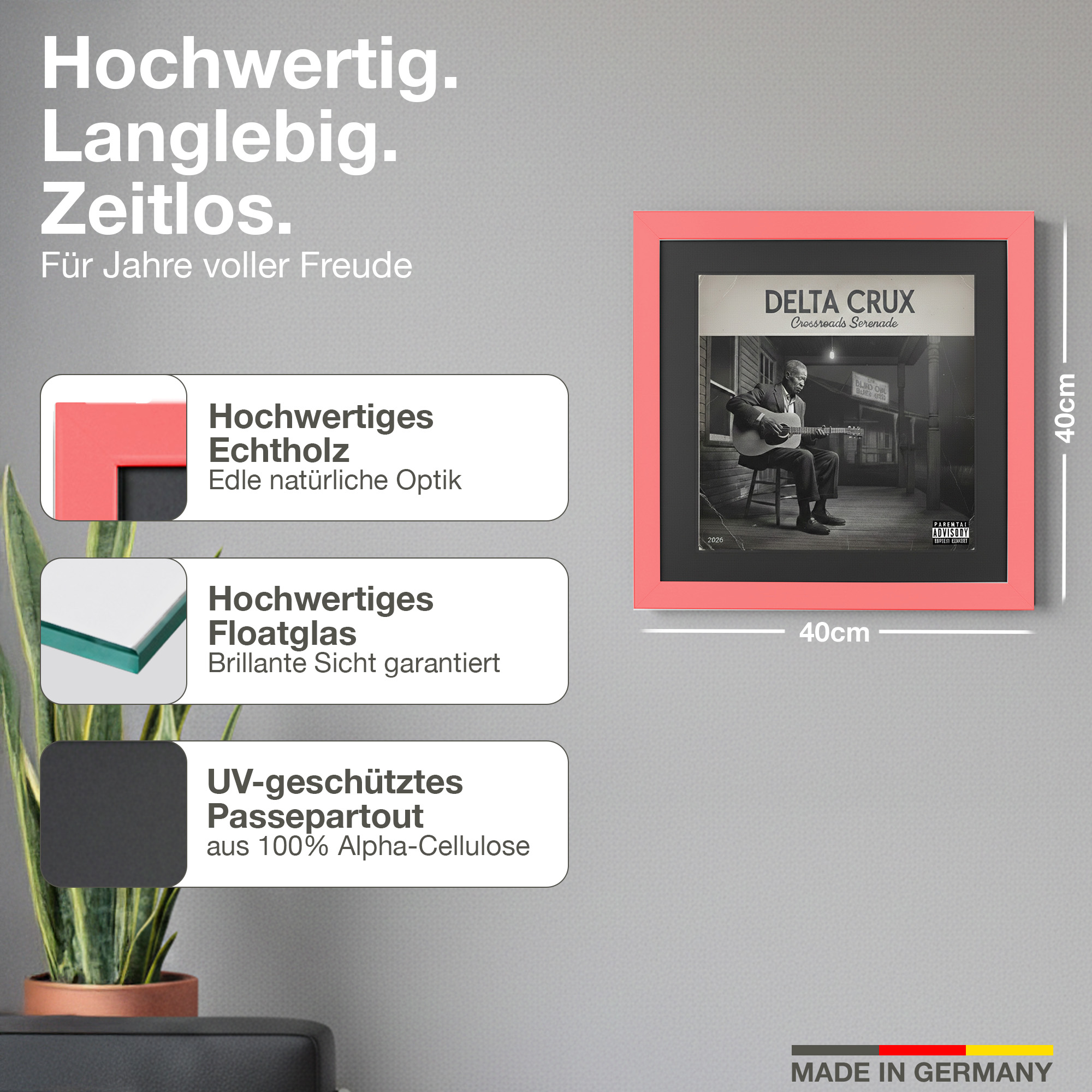 Ein 40x40cm Bilderrahmen in Koralle mit einem Albumcover von Delta Crux.