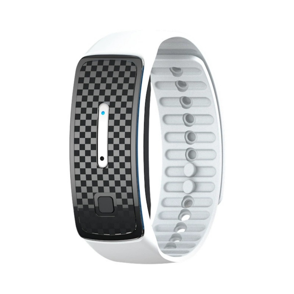 Ein weißes Fitnessarmband mit einem schwarzen karierten Display und einem blauen Licht.