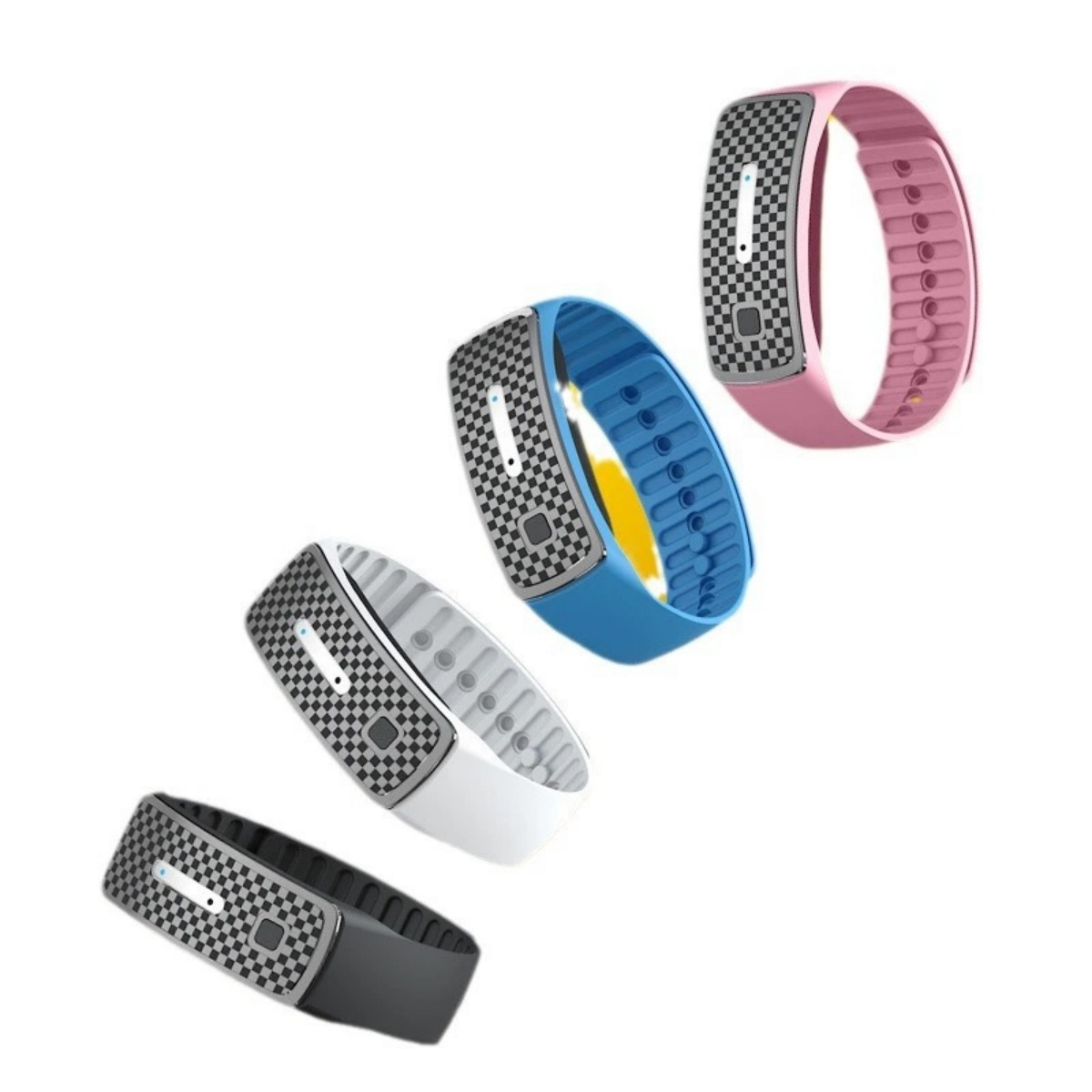 Vier Smartwatches in Schwarz, Weiß, Blau und Pink mit kariertem Display.