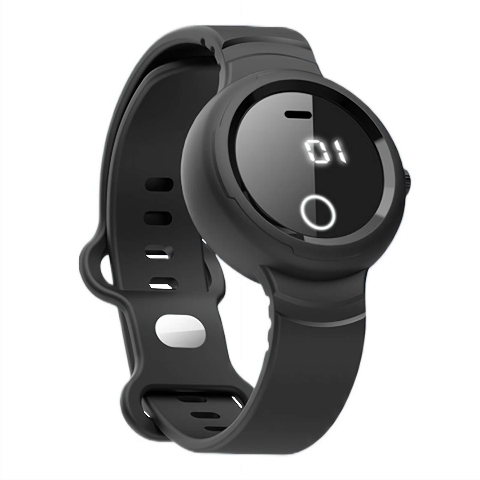 Schwarze Smartwatch mit rundem Display, das die Zahl 01 anzeigt.
