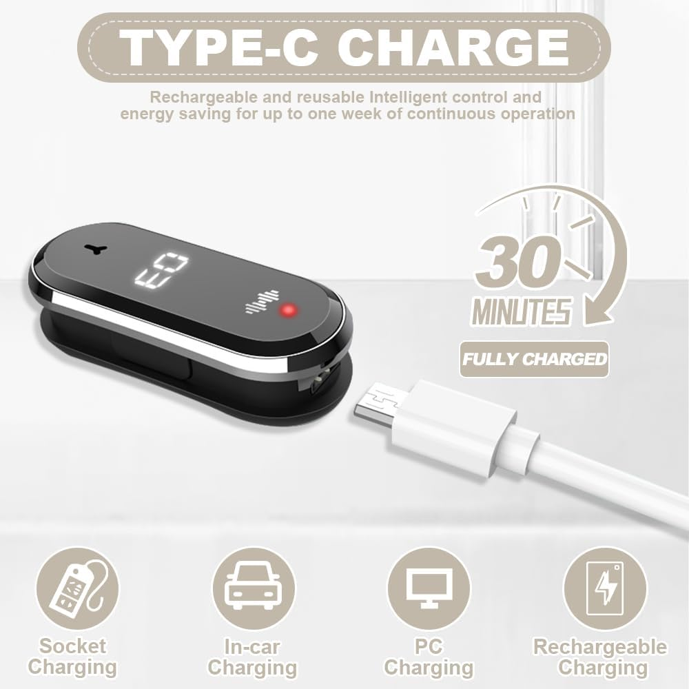 Schwarzes Typ-C-Ladegerät mit Digitalanzeige, weißem USB-Kabel und Lade-Icons.