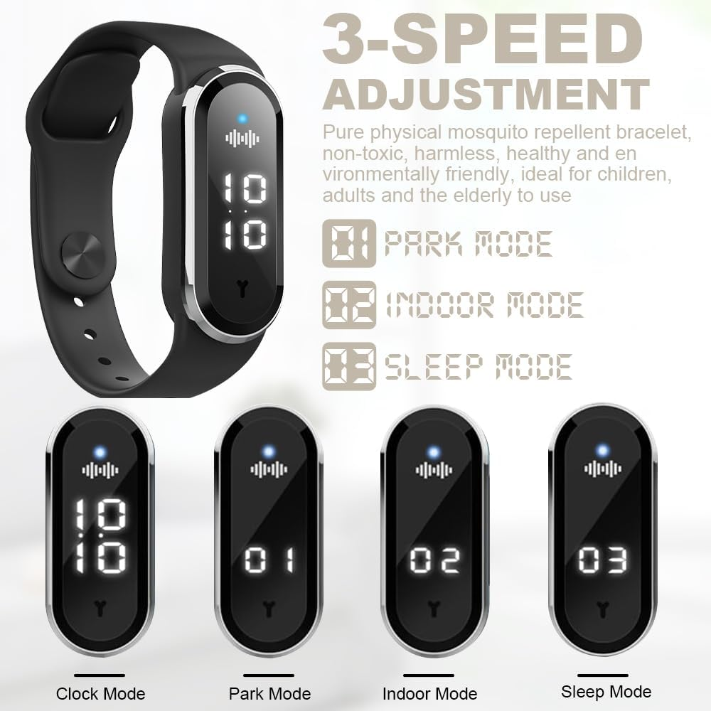 Schwarzes Mückenarmband mit Digitalanzeige, das Modi anzeigt: Uhr, Park, Indoor, Schlaf.
