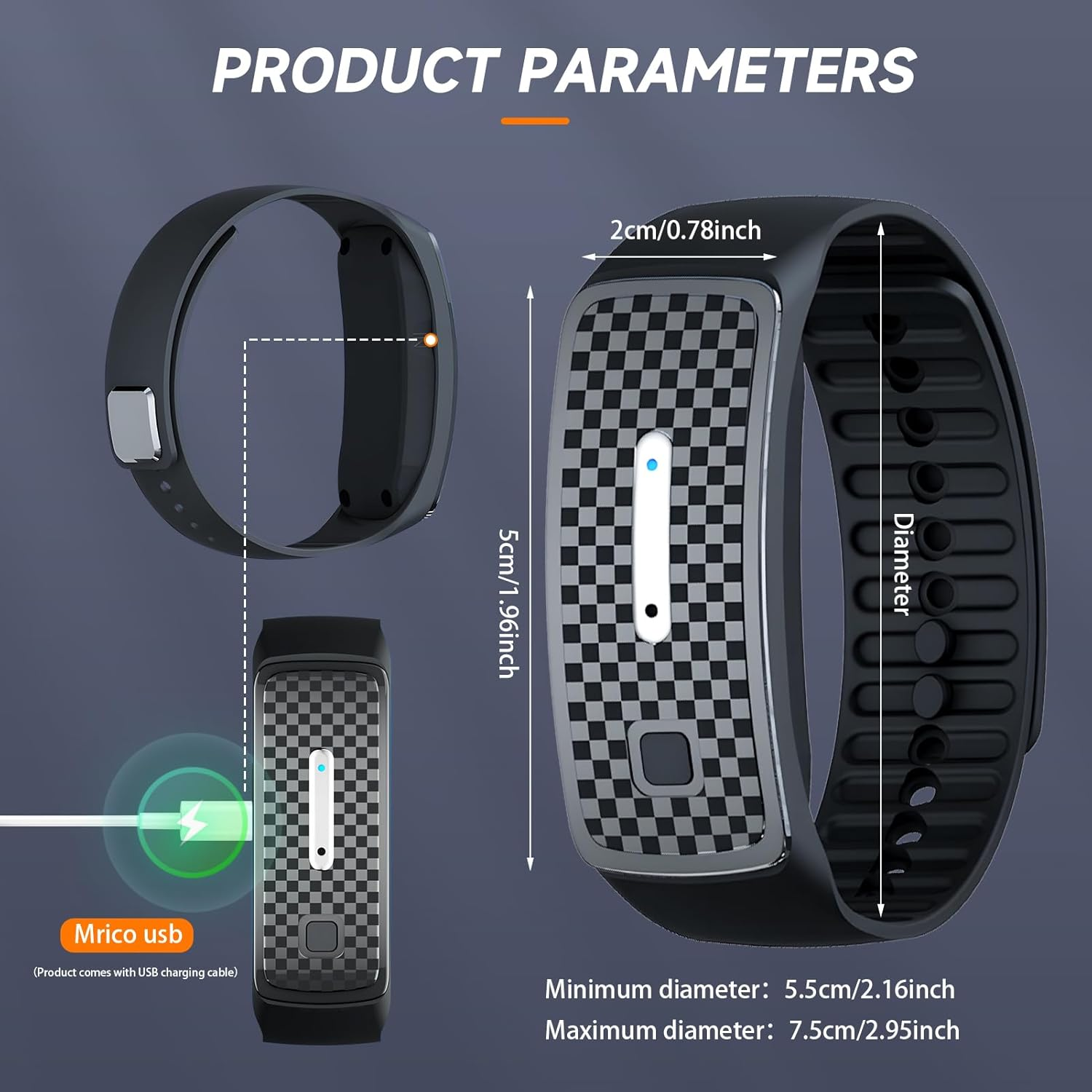 Ein schwarzes Fitnessarmband mit Schachtel-Muster und USB-Ladeanzeige.