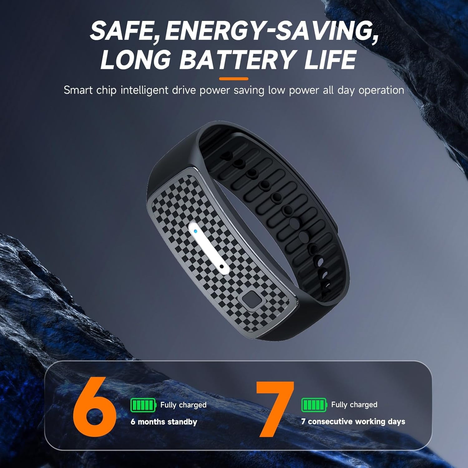 Ein schwarzes Smartband mit kariertem Display, 6 Mon. Standby, 7 Tage Laufzeit.