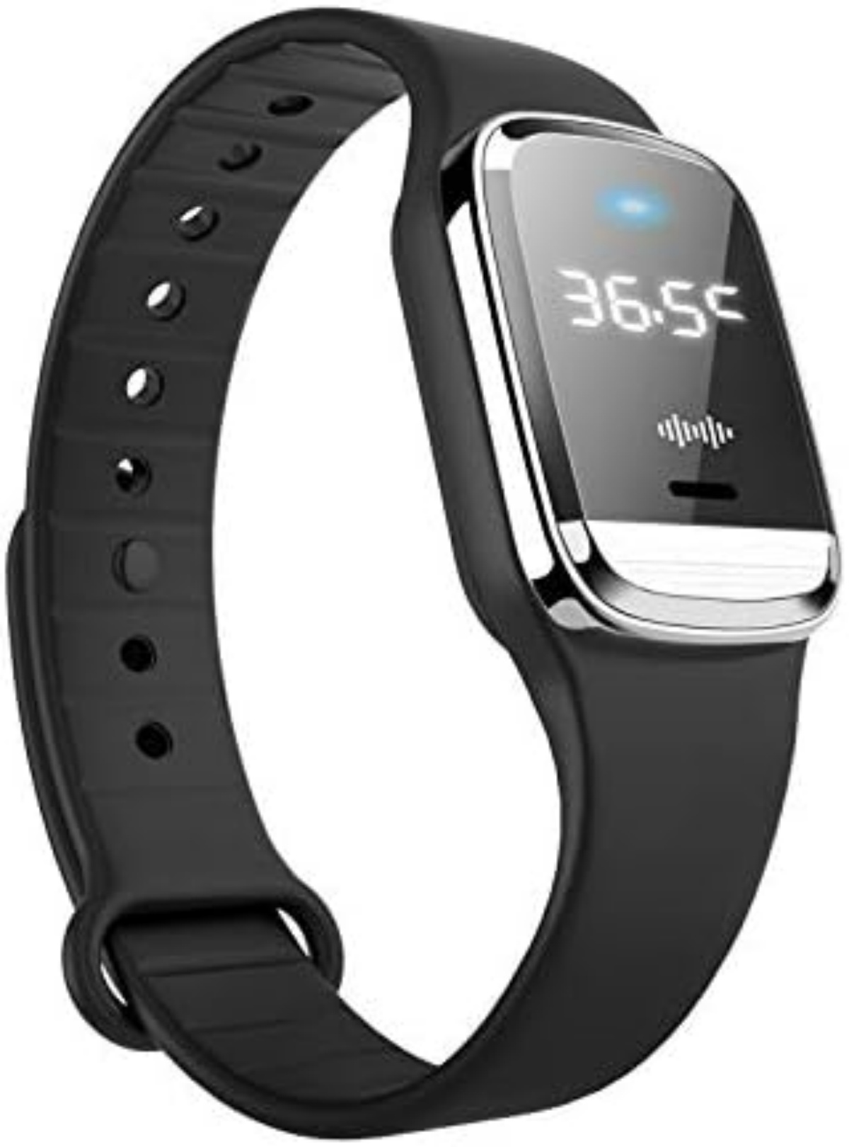Schwarzes Smart-Armband mit digitaler Anzeige von 36,55 Grad und blauem Lichtpunkt.