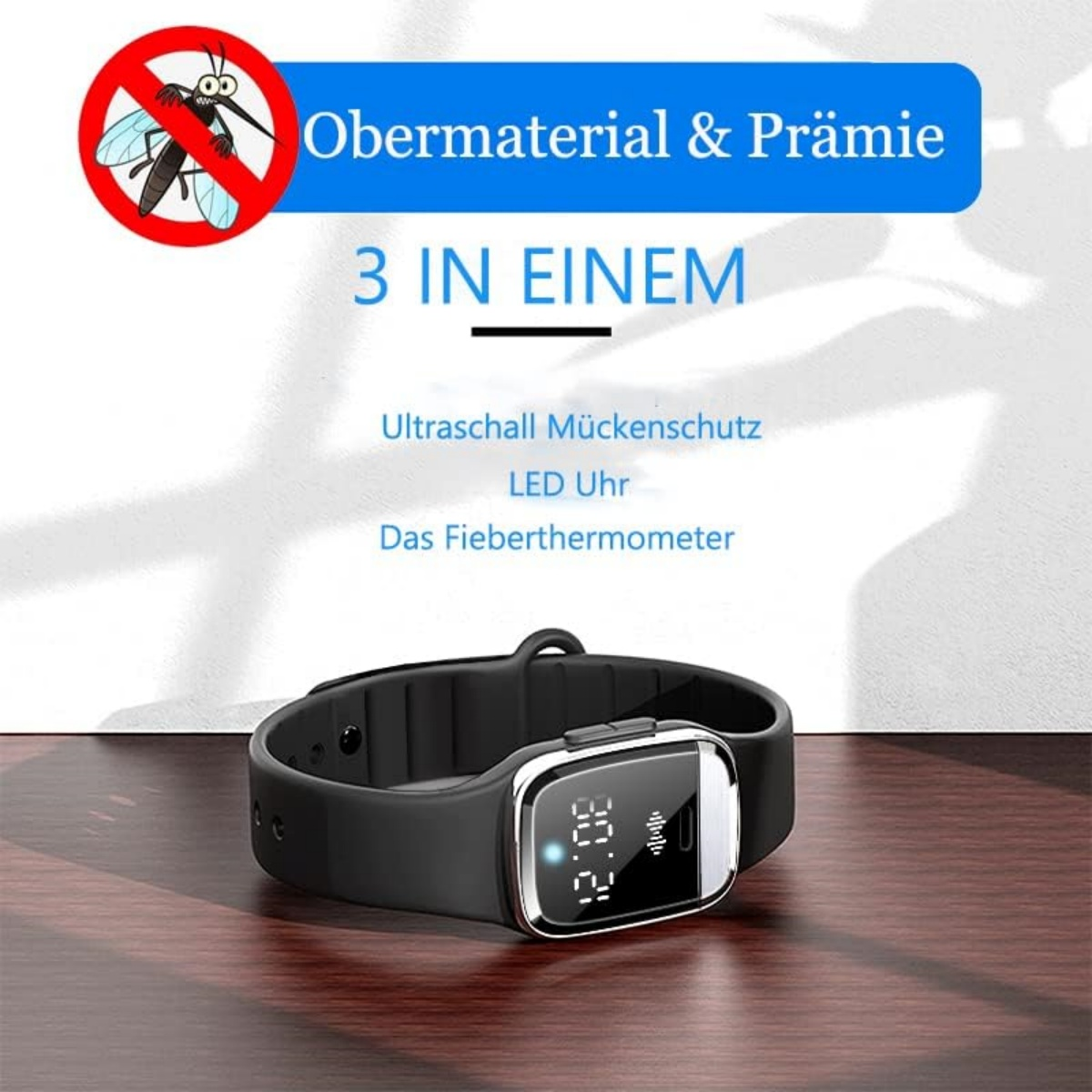 Schwarze Smartwatch mit LED-Display, die 3 Funktionen anzeigt: Mückenschutz, Uhr, Thermometer.