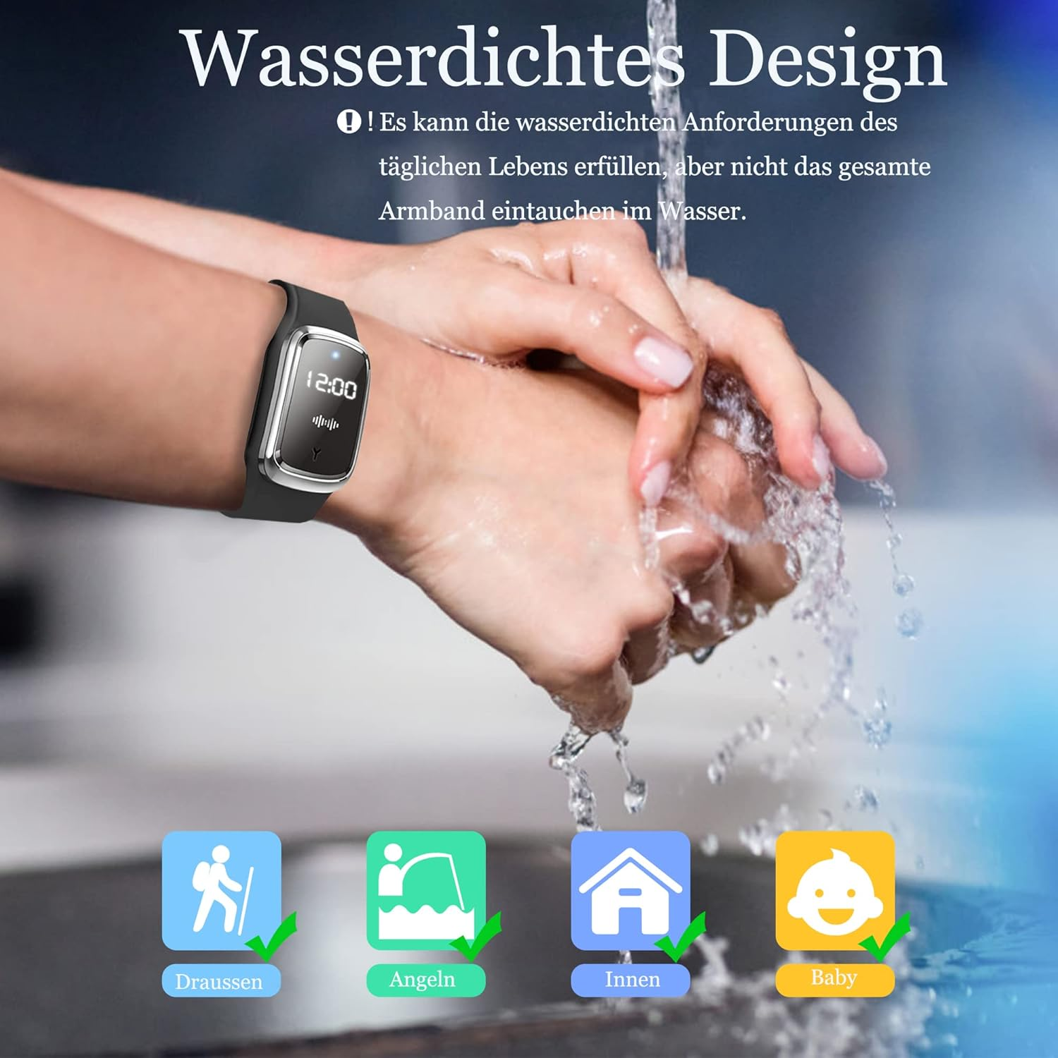 Eine Hand mit einer wasserdichten Uhr wäscht sich unter fließendem Wasser.