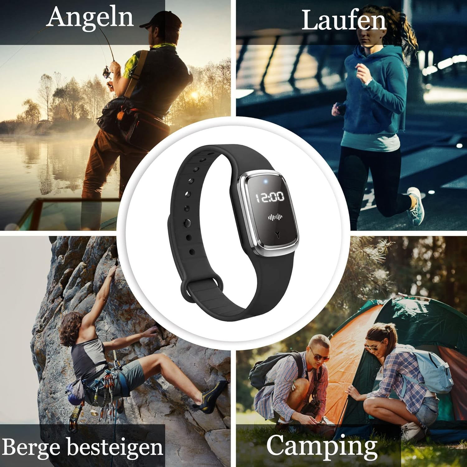 Collage: Angeln, Laufen, Bergsteigen, Camping und ein Armband.