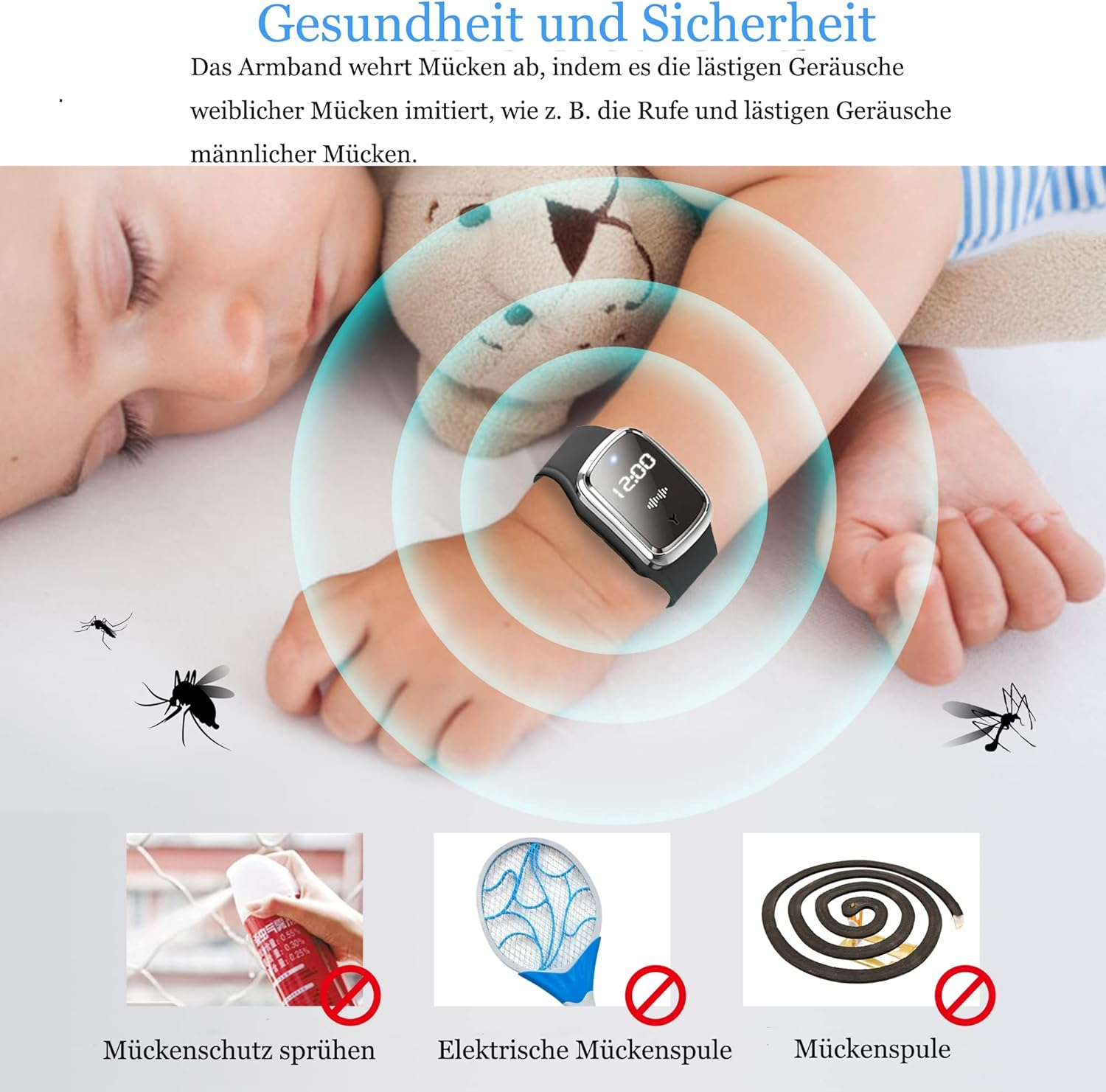 Baby schläft, Armband schützt vor Mücken. Sprühdose, Fliegenklatsche, Spirale.