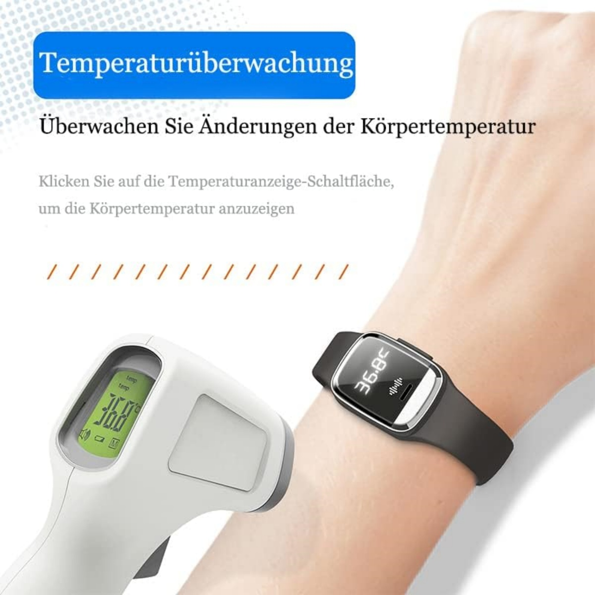 Ein Thermometer und ein Smartwatch am Arm, die Körpertemperatur anzeigen.