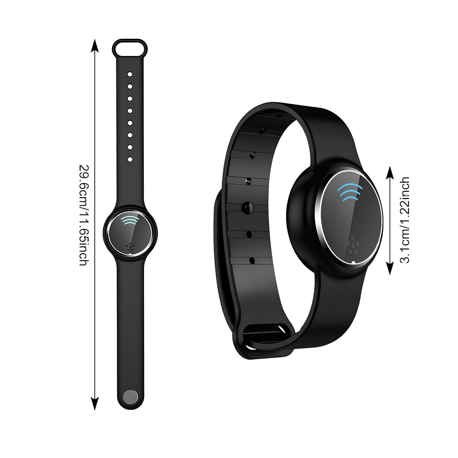 Schwarzes Smartband mit Wellen-Symbol auf dem Display und Maßangaben.