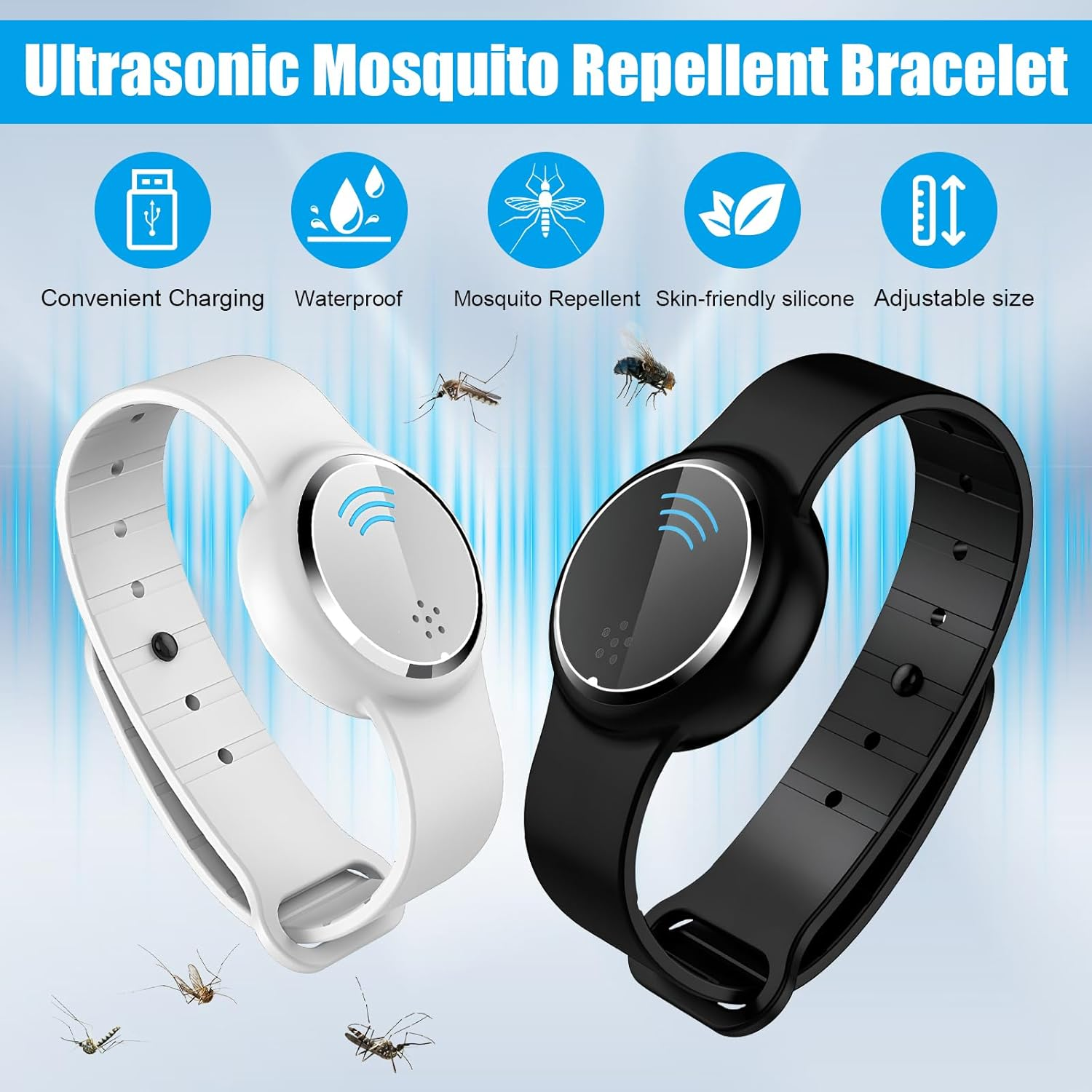 Ein weißes und ein schwarzes Armband zur Mückenabwehr mit Symbolen für Laden, Wasserdichtigkeit und Mücken.